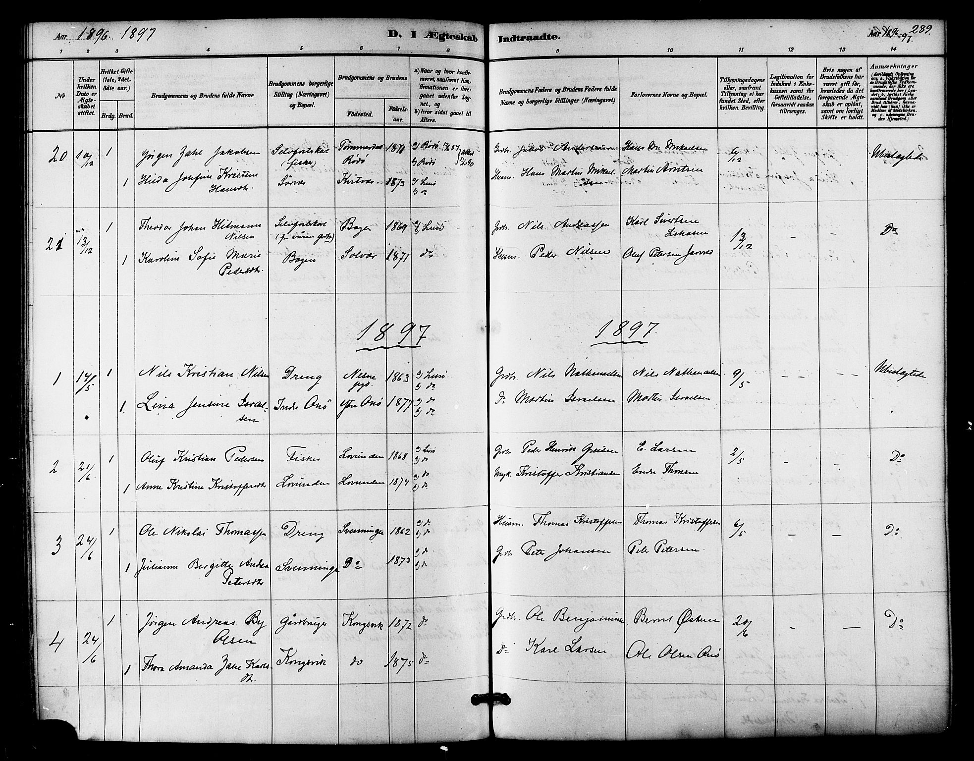 Ministerialprotokoller, klokkerbøker og fødselsregistre - Nordland, SAT/A-1459/839/L0568: Ministerialbok nr. 839A05, 1880-1902, s. 289