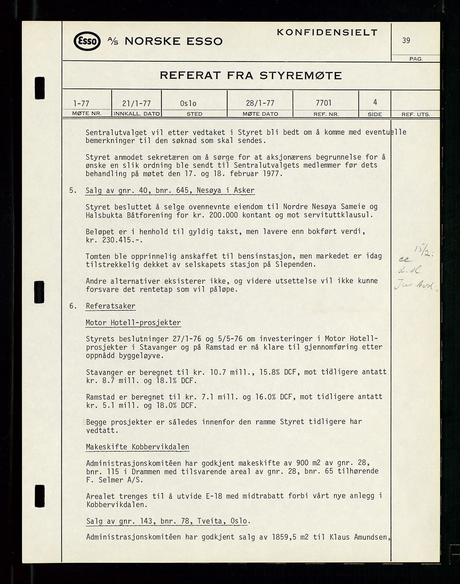 Pa 0982 - Esso Norge A/S, SAST/A-100448/A/Aa/L0003/0003: Den administrerende direksjon Board minutes (styrereferater) og Bedriftforsamlingsprotokoll / Den administrerende direksjon Board minutes (styrereferater), 1975-1985, s. 39