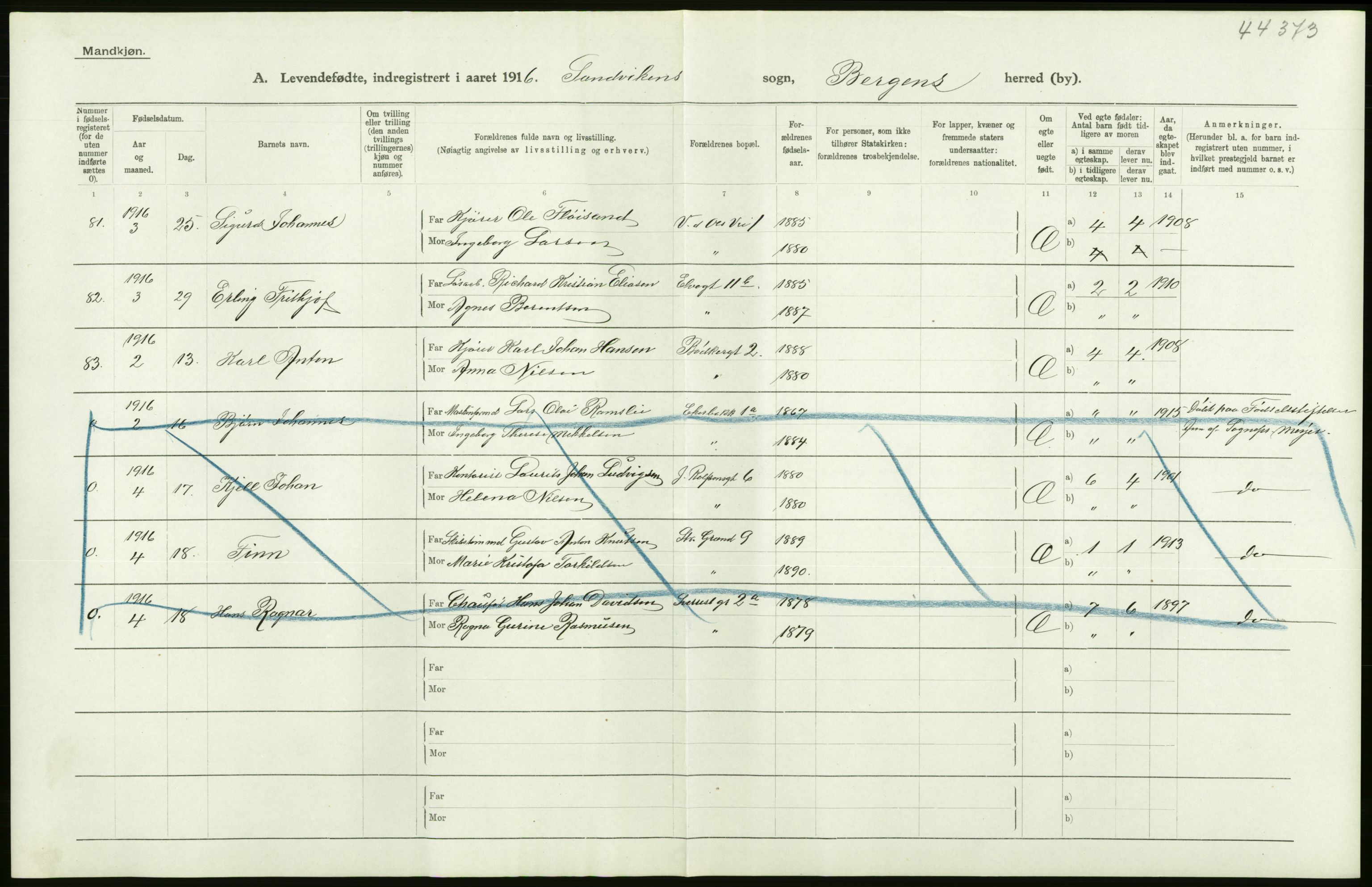 Statistisk sentralbyrå, Sosiodemografiske emner, Befolkning, AV/RA-S-2228/D/Df/Dfb/Dfbf/L0037: Bergen: Levendefødte menn og kvinner., 1916, s. 24