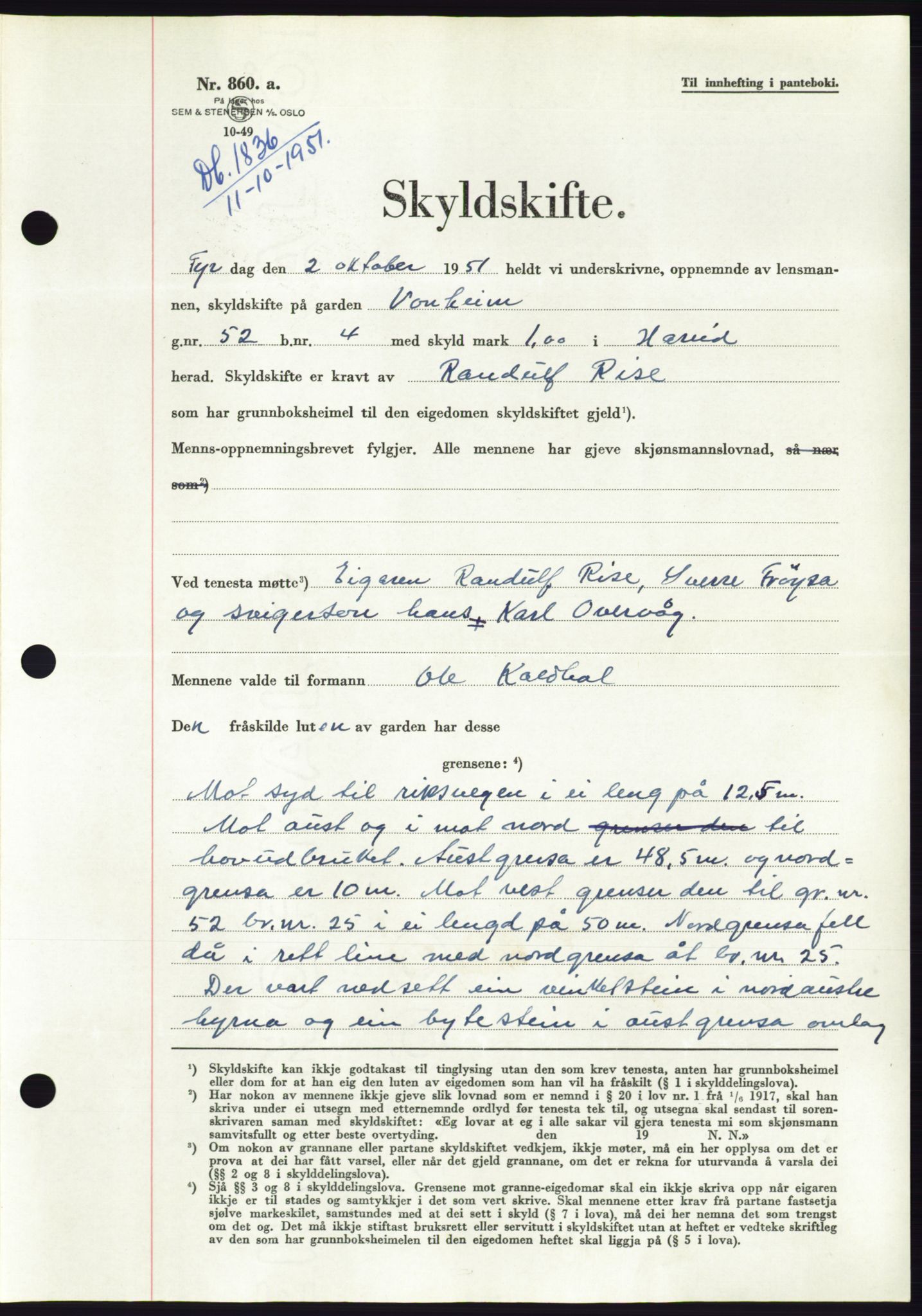 Søre Sunnmøre sorenskriveri, AV/SAT-A-4122/1/2/2C/L0090: Pantebok nr. 16A, 1951-1951, Dagboknr: 1836/1951