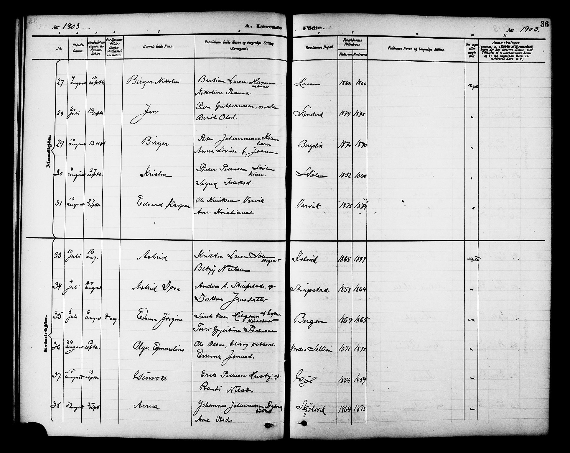 Ministerialprotokoller, klokkerbøker og fødselsregistre - Møre og Romsdal, AV/SAT-A-1454/586/L0992: Klokkerbok nr. 586C03, 1892-1909, s. 36