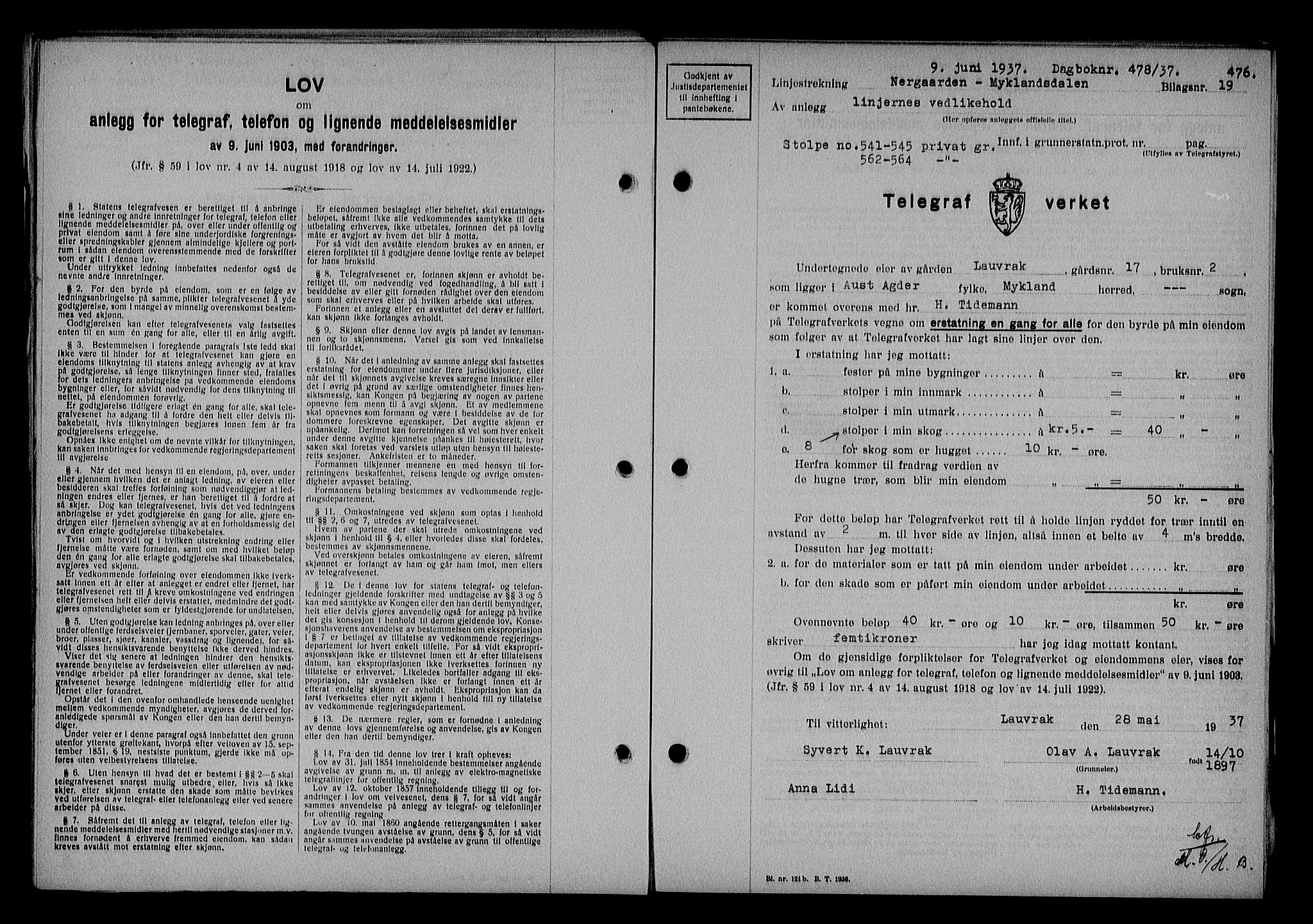 Nedenes sorenskriveri, SAK/1221-0006/G/Gb/Gba/L0043: Pantebok nr. 39, 1936-1937, Dagboknr: 478/1937