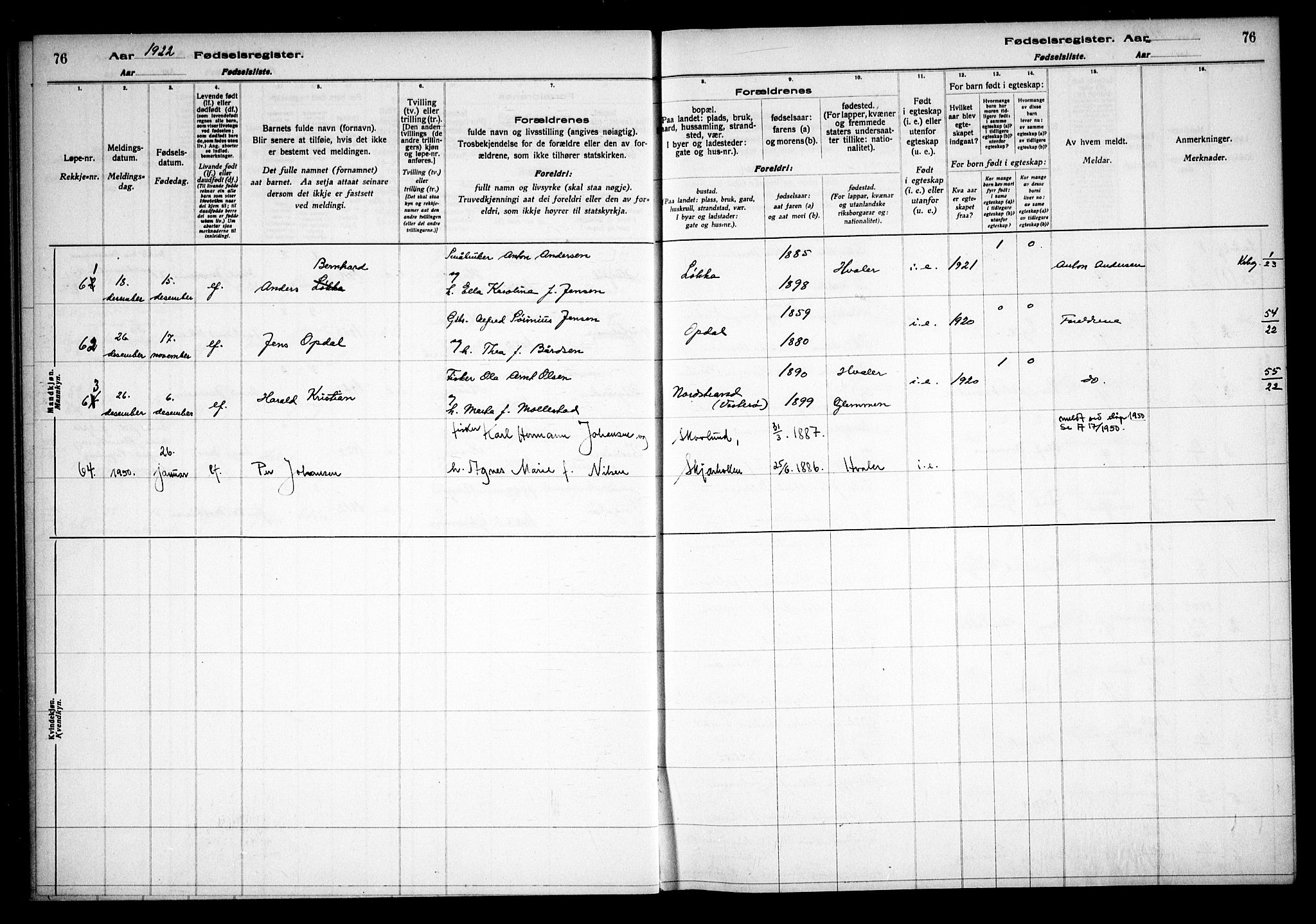 Hvaler prestekontor Kirkebøker, AV/SAO-A-2001/J/Ja/L0001: Fødselsregister nr. I 1, 1916-1938, s. 76