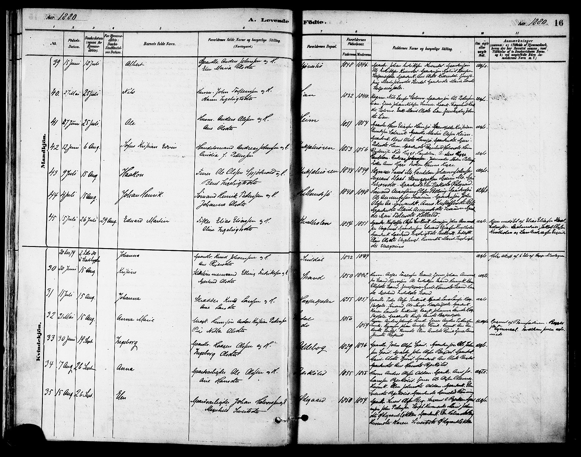 Ministerialprotokoller, klokkerbøker og fødselsregistre - Sør-Trøndelag, SAT/A-1456/630/L0496: Ministerialbok nr. 630A09, 1879-1895, s. 16
