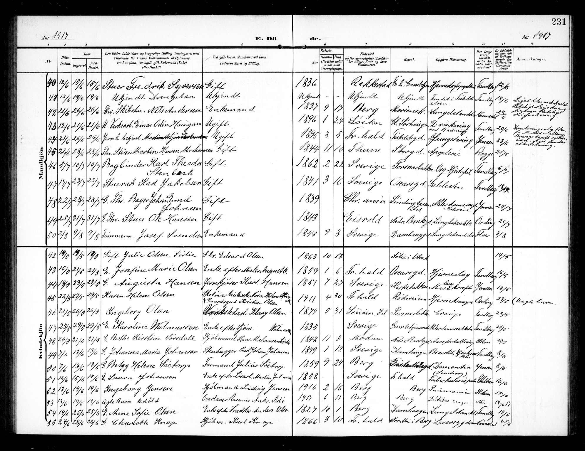 Halden prestekontor Kirkebøker, AV/SAO-A-10909/G/Ga/L0011: Klokkerbok nr. 11, 1906-1934, s. 231