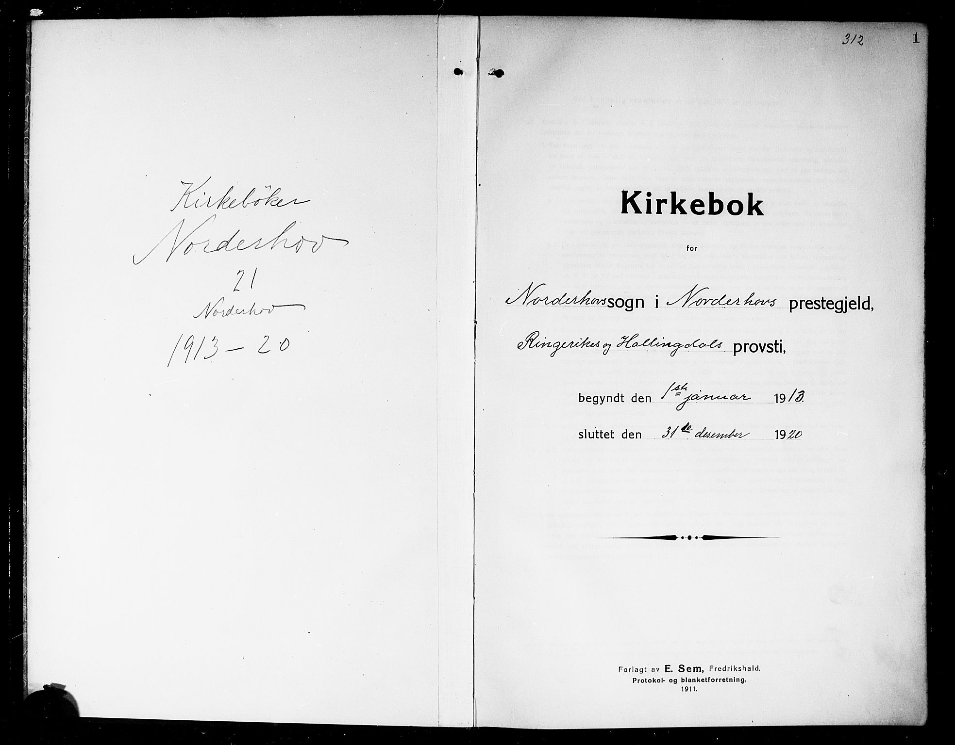 Norderhov kirkebøker, AV/SAKO-A-237/G/Ga/L0009: Klokkerbok nr. I 9, 1913-1920, s. 1