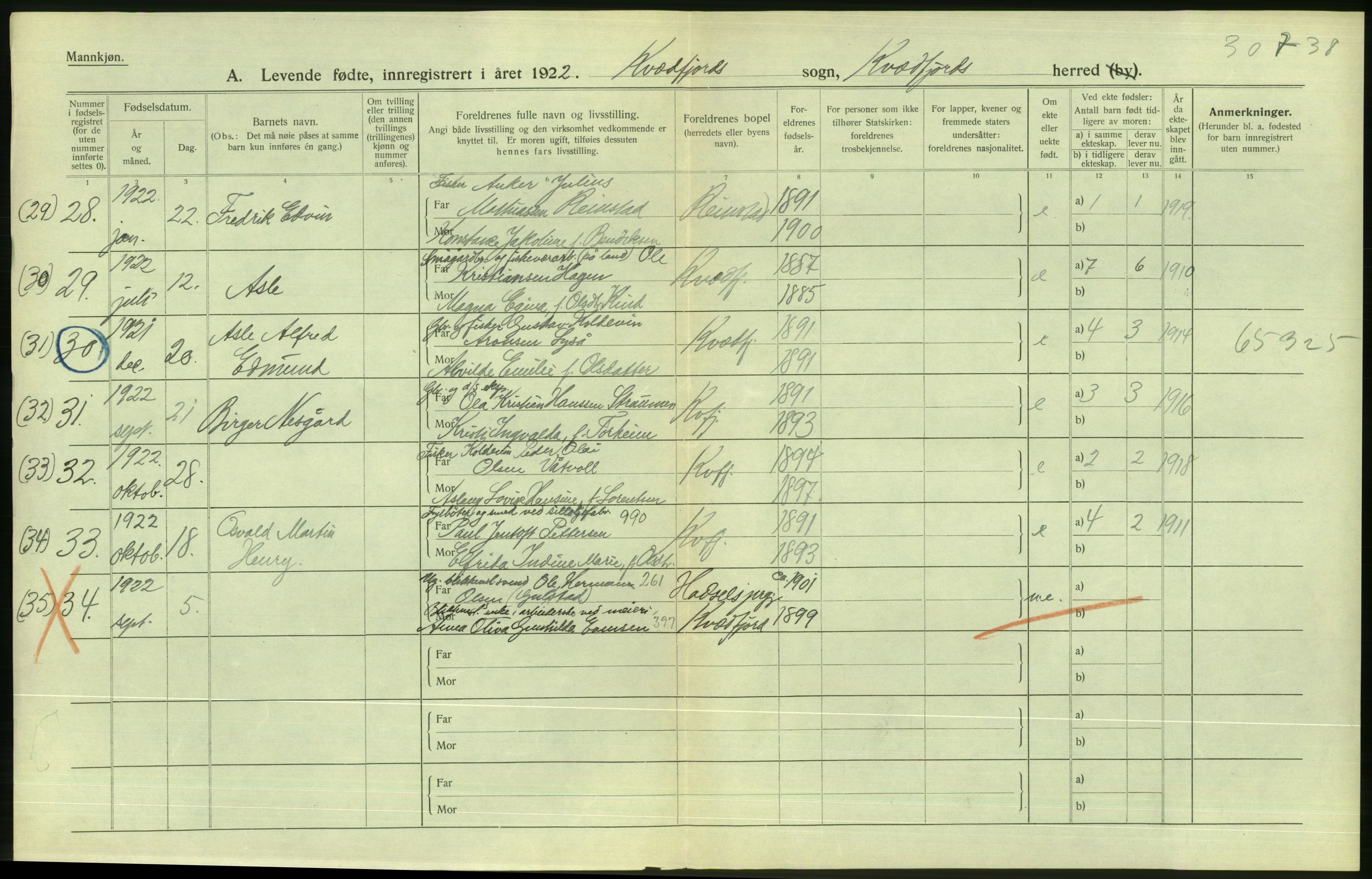 Statistisk sentralbyrå, Sosiodemografiske emner, Befolkning, AV/RA-S-2228/D/Df/Dfc/Dfcb/L0047: Troms fylke: Levendefødte menn og kvinner. Bygder og byer., 1922, s. 90