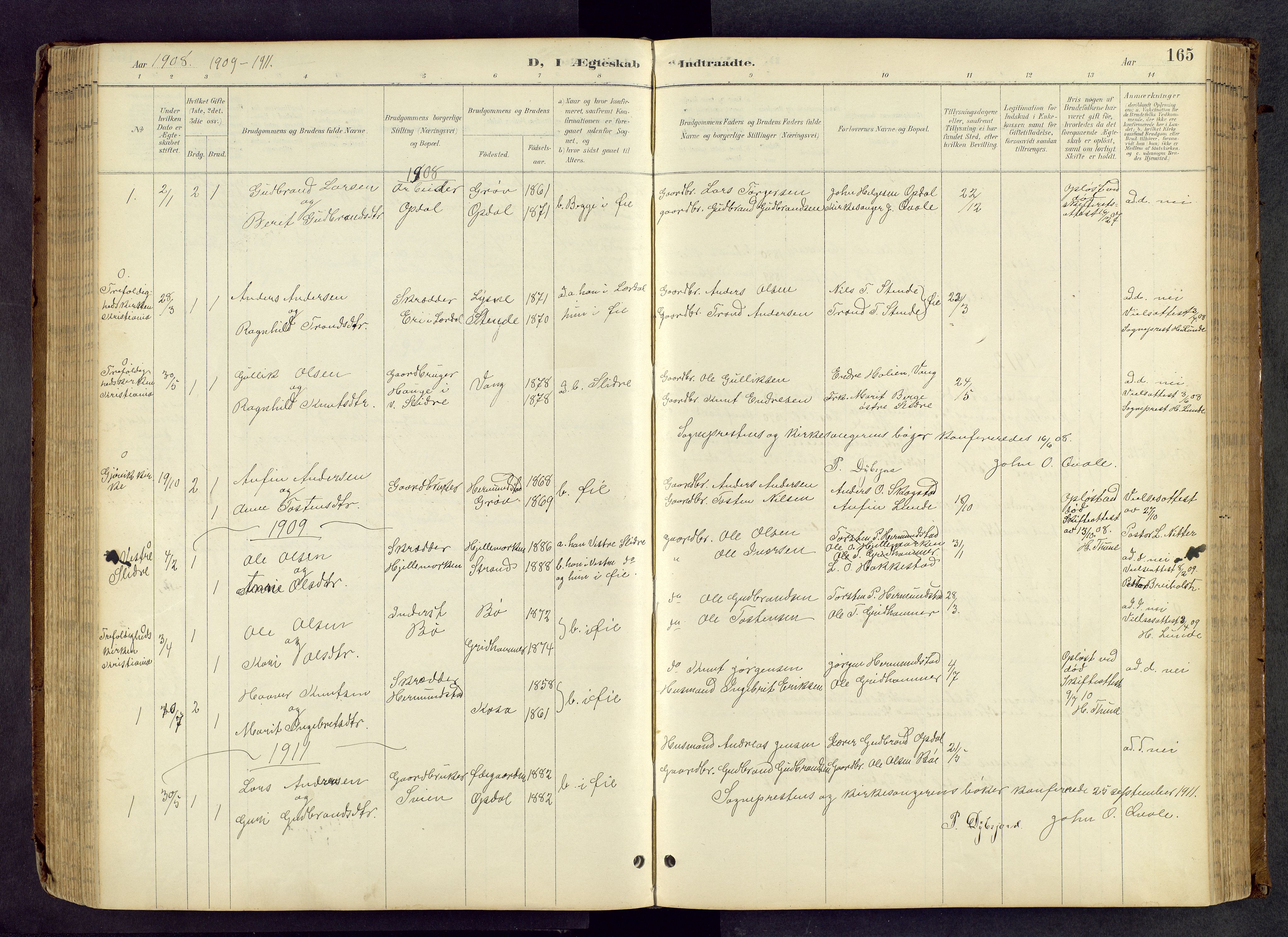 Vang prestekontor, Valdres, AV/SAH-PREST-140/H/Hb/L0005: Klokkerbok nr. 5, 1889-1945, s. 165