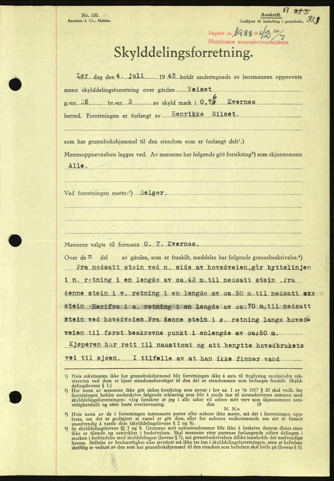 Nordmøre sorenskriveri, SAT/A-4132/1/2/2Ca: Pantebok nr. A93, 1942-1942, Dagboknr: 1888/1942