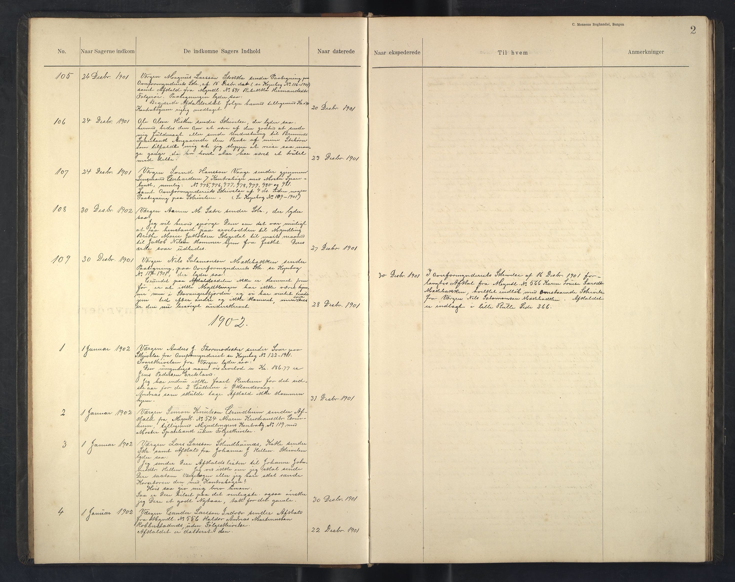 Finnaas kommune. Overformynderiet, IKAH/1218a-812/C/Ca/Caa/L0004: Postjournal for Finnås overformynderi, 1902-1907