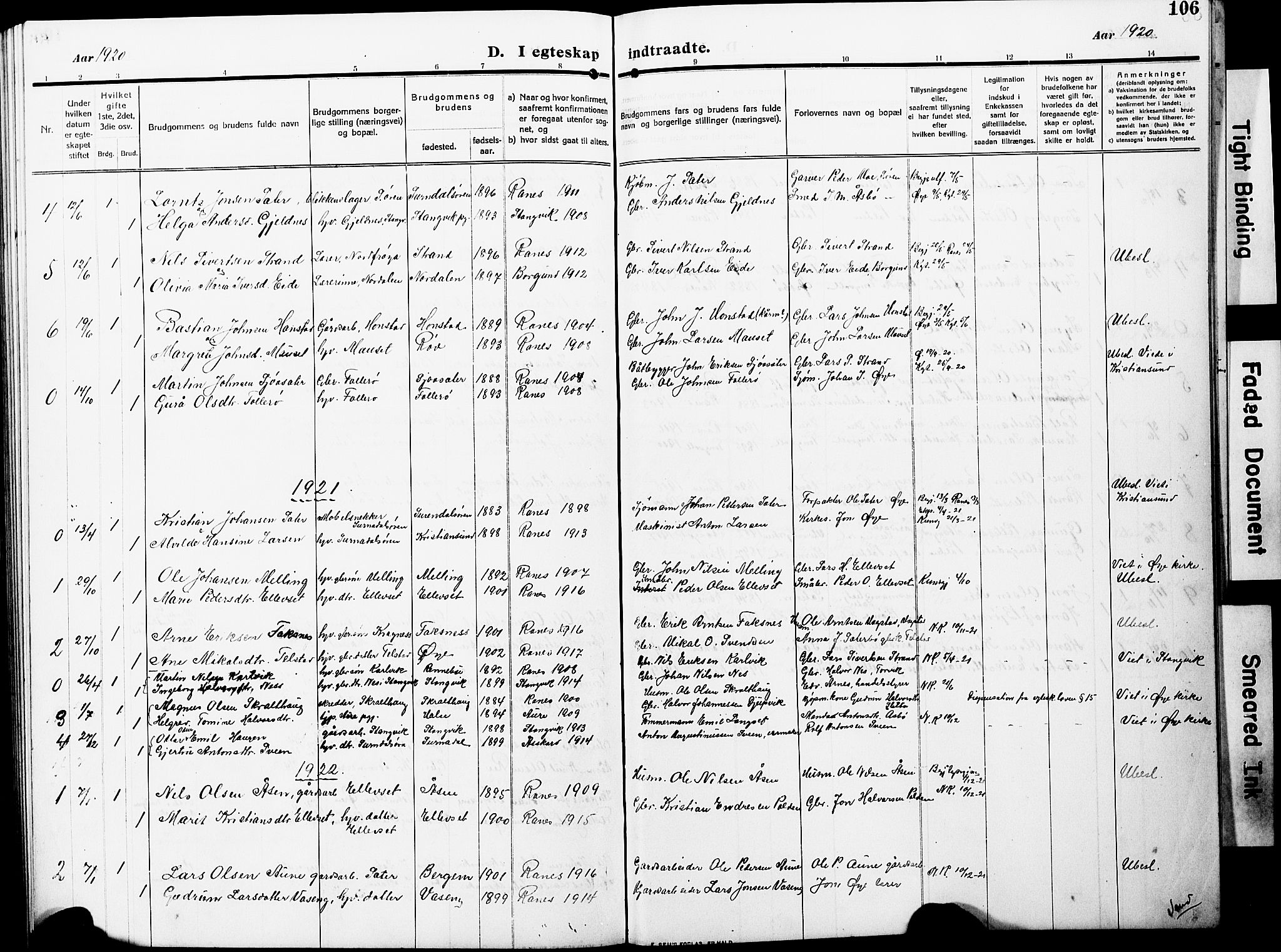 Ministerialprotokoller, klokkerbøker og fødselsregistre - Møre og Romsdal, AV/SAT-A-1454/596/L1059: Klokkerbok nr. 596C02, 1908-1922, s. 106