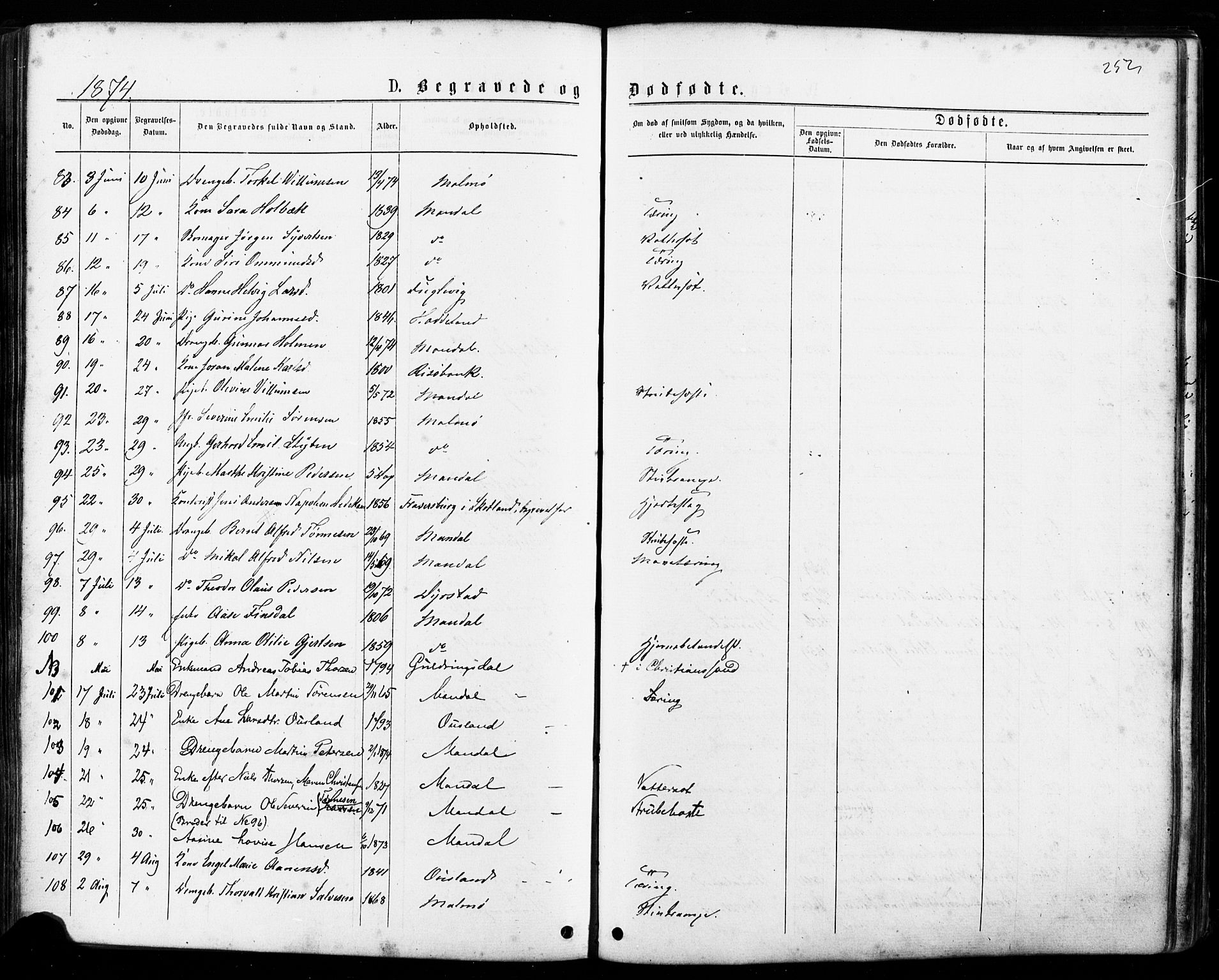 Mandal sokneprestkontor, AV/SAK-1111-0030/F/Fa/Faa/L0015: Ministerialbok nr. A 15, 1873-1879, s. 252
