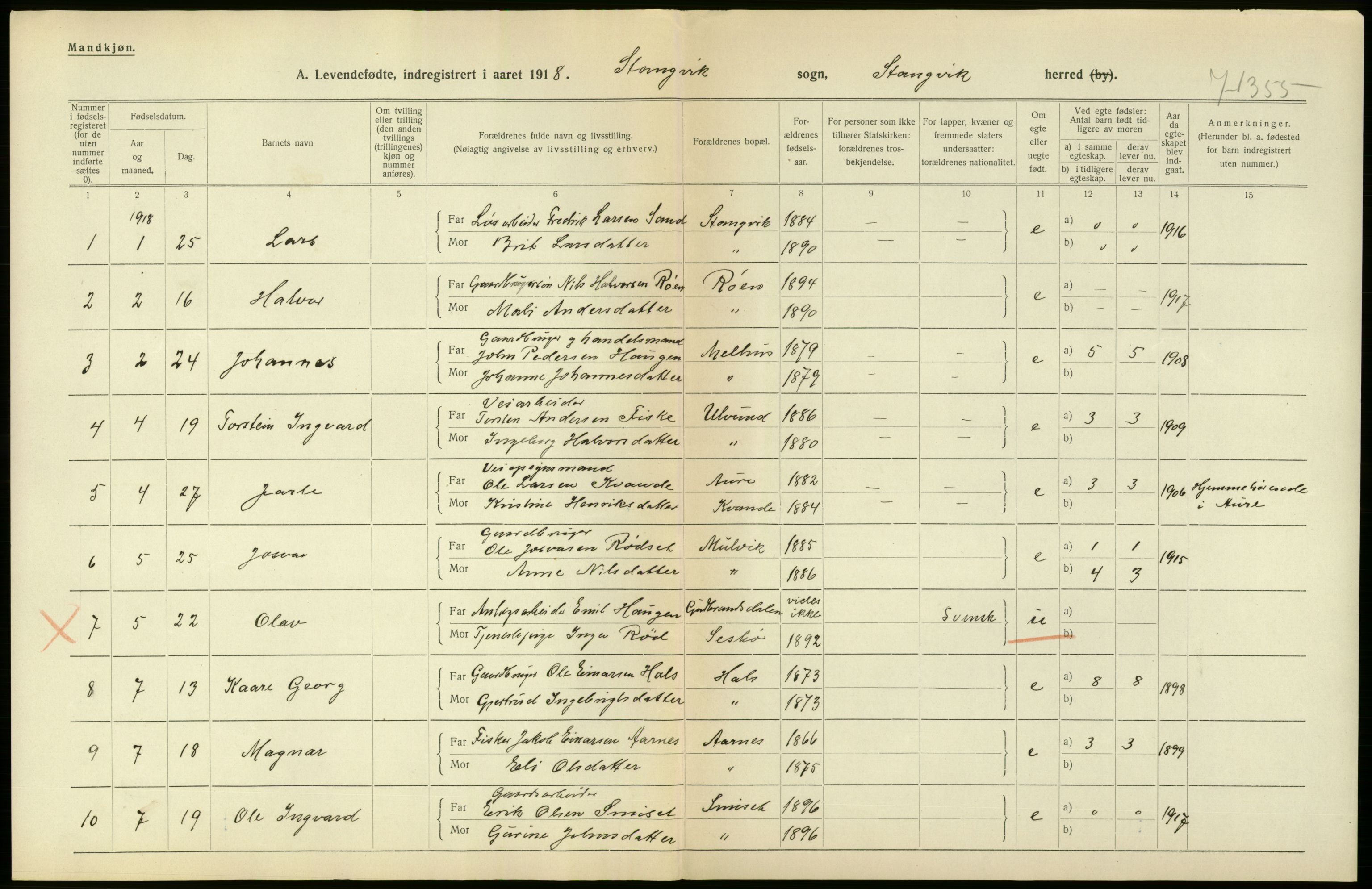 Statistisk sentralbyrå, Sosiodemografiske emner, Befolkning, RA/S-2228/D/Df/Dfb/Dfbh/L0043: Møre fylke: Levendefødte menn og kvinner. Bygder., 1918, s. 464