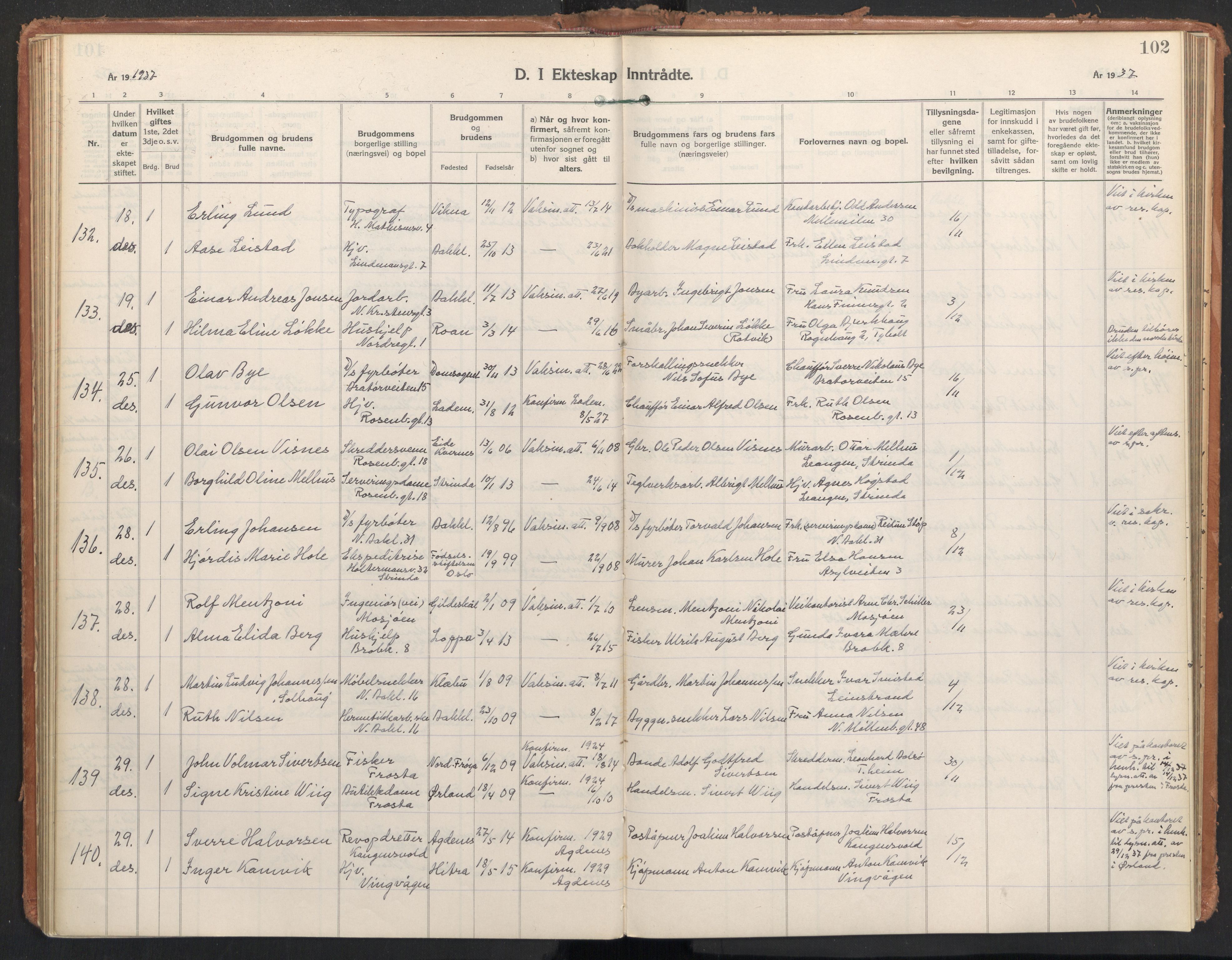 Ministerialprotokoller, klokkerbøker og fødselsregistre - Sør-Trøndelag, AV/SAT-A-1456/604/L0209: Ministerialbok nr. 604A29, 1931-1945, s. 102