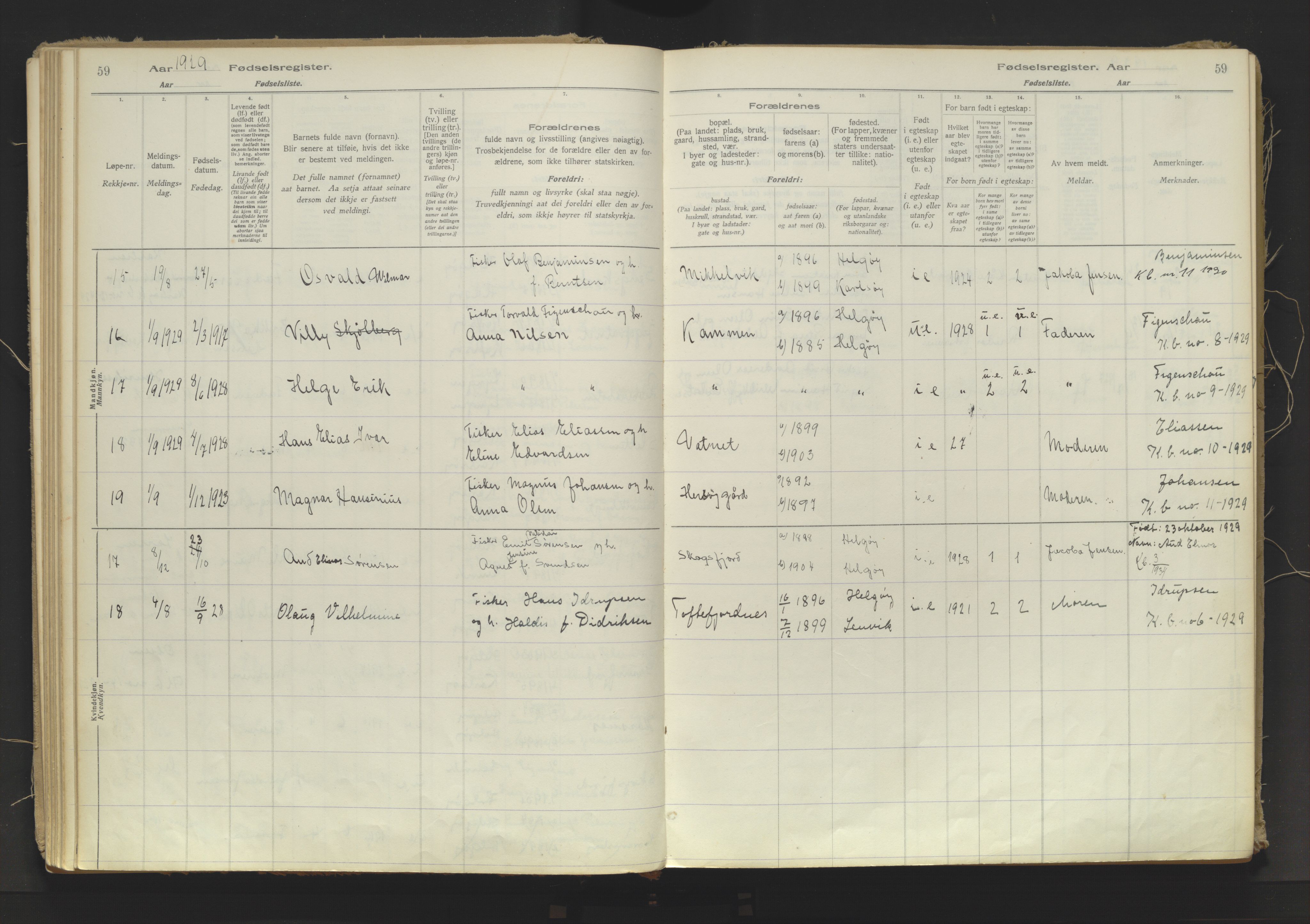 Karlsøy sokneprestembete, AV/SATØ-S-1299/I/Ic/L0067: Fødselsregister nr. 67, 1916-1958, s. 59