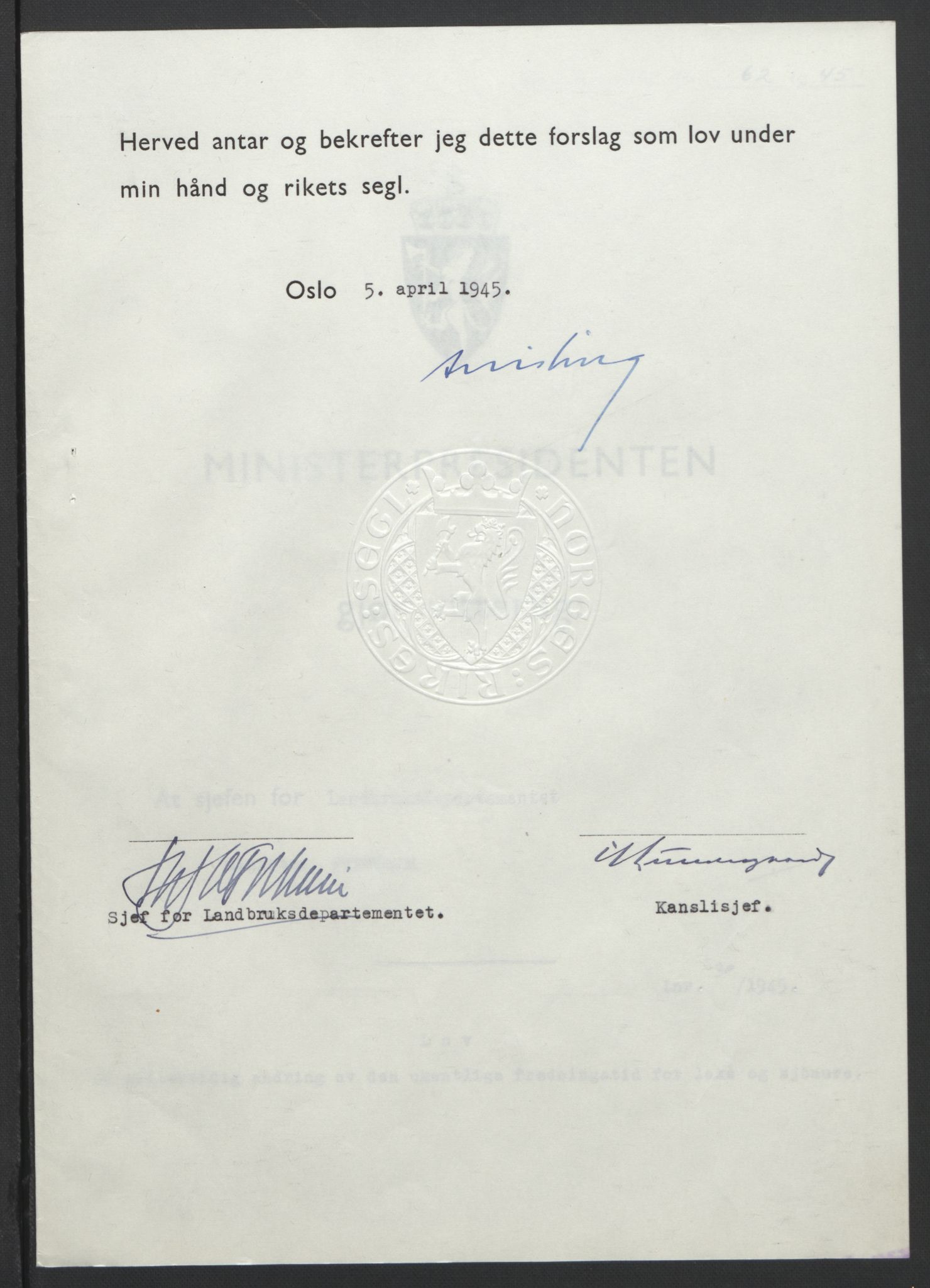 NS-administrasjonen 1940-1945 (Statsrådsekretariatet, de kommisariske statsråder mm), RA/S-4279/D/Db/L0101/0001: -- / Lover og vedtak, 1945, s. 128