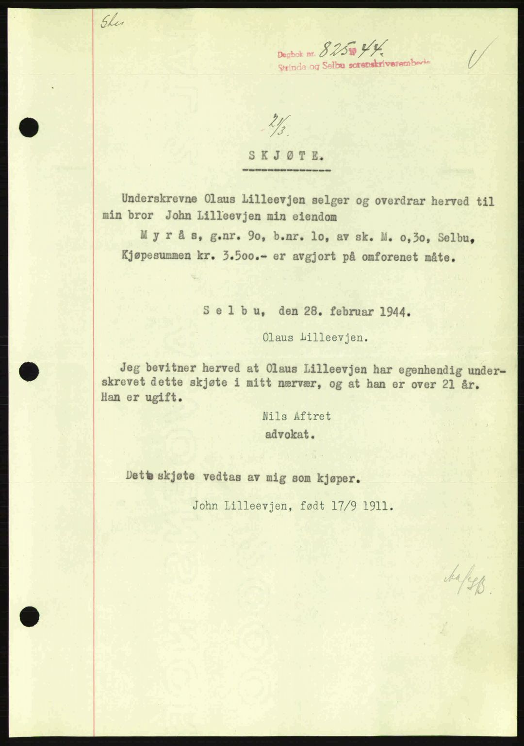 Strinda og Selbu sorenskriveri, SAT/A-0015/2/2C: Pantebok nr. A9, 1944-1945, Dagboknr: 825/1944