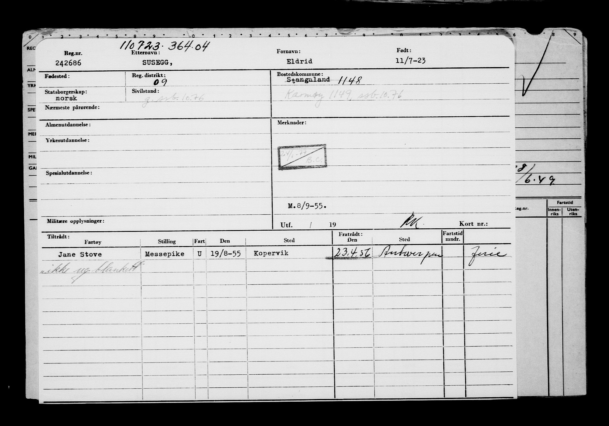 Direktoratet for sjømenn, RA/S-3545/G/Gb/L0220: Hovedkort, 1923, s. 847