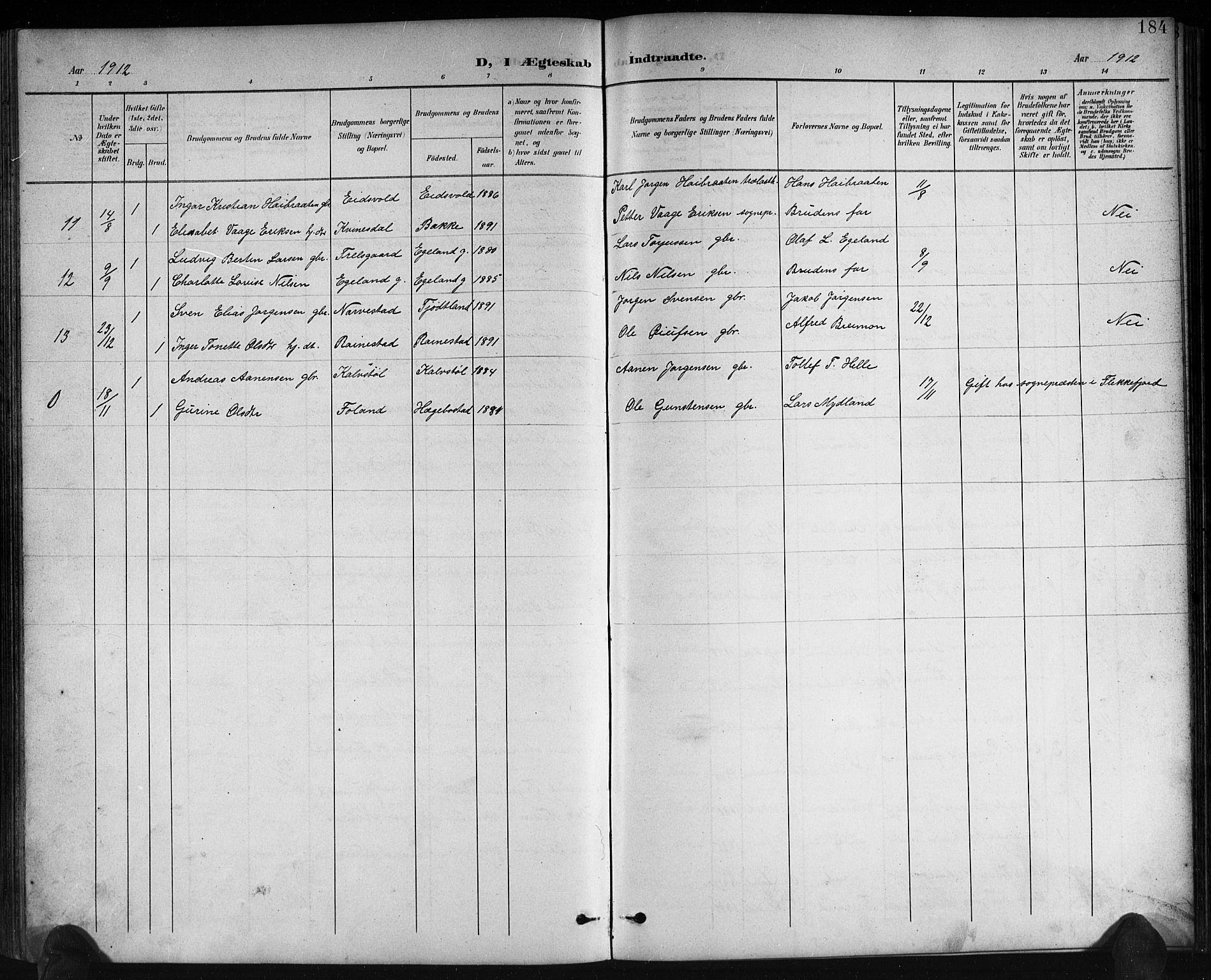 Kvinesdal sokneprestkontor, AV/SAK-1111-0026/F/Fb/Fbb/L0003: Klokkerbok nr. B 3, 1898-1916, s. 184