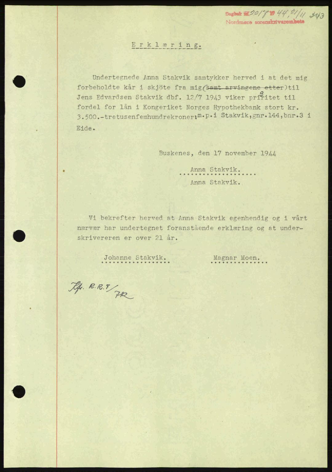 Nordmøre sorenskriveri, AV/SAT-A-4132/1/2/2Ca: Pantebok nr. B92, 1944-1945, Dagboknr: 2017/1944