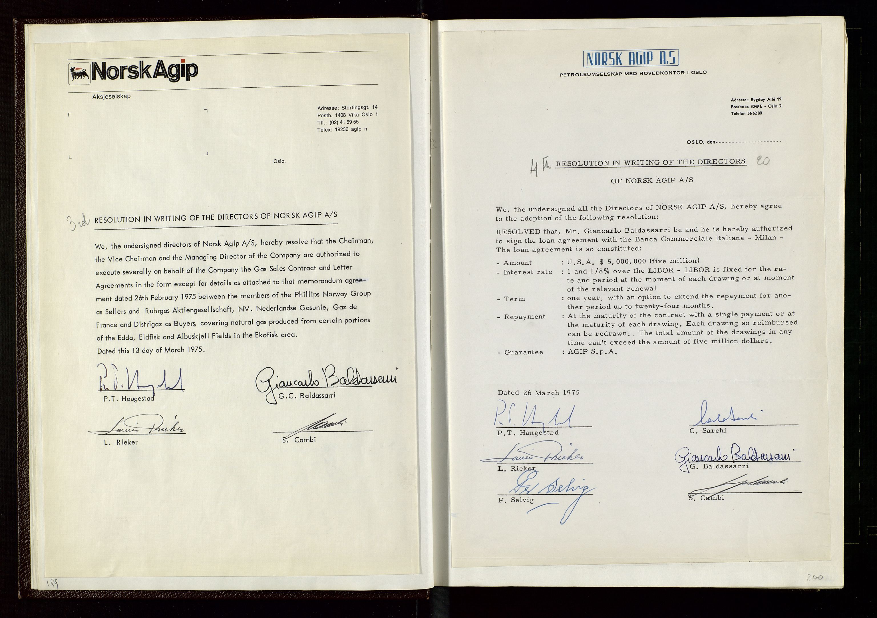 Pa 1583 - Norsk Agip AS, SAST/A-102138/A/Aa/L0002: General assembly and Board of Directors meeting minutes, 1972-1979, s. 199-200