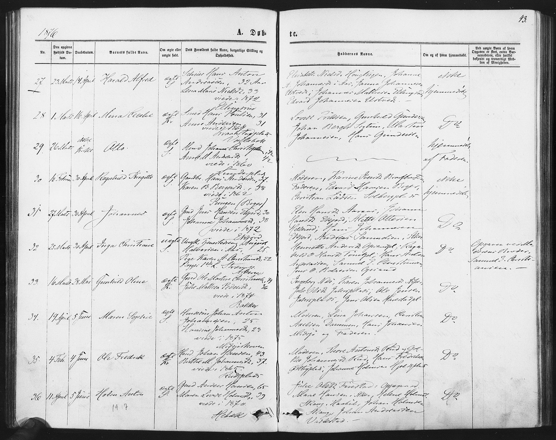 Kråkstad prestekontor Kirkebøker, SAO/A-10125a/F/Fa/L0008: Ministerialbok nr. I 8, 1870-1879, s. 43