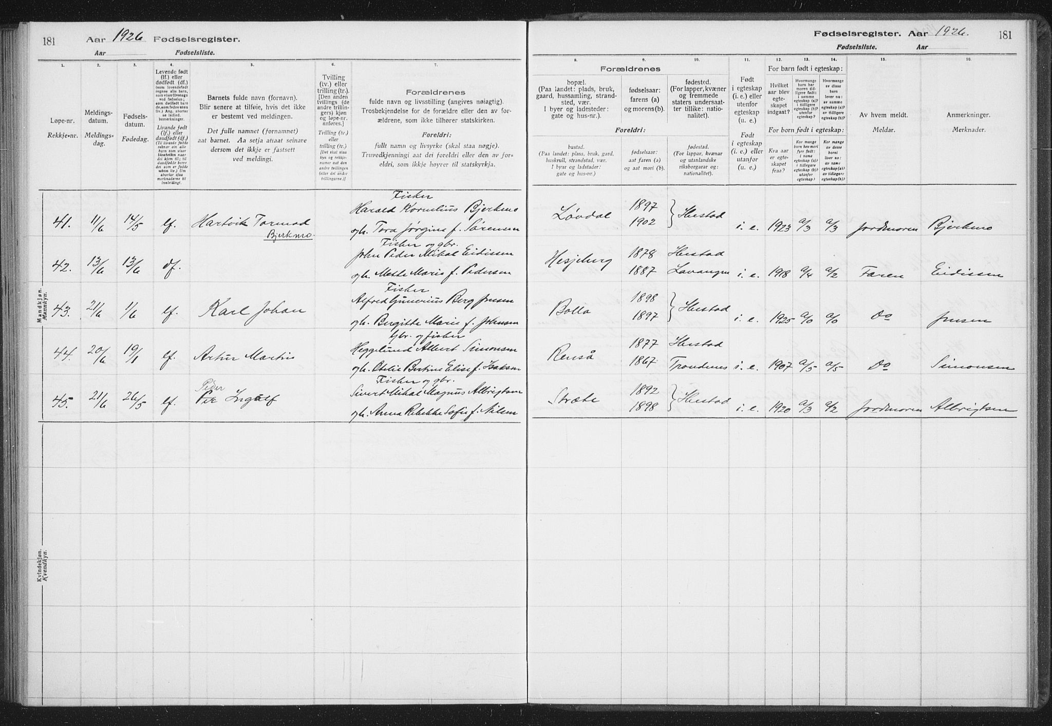 Ibestad sokneprestembete, AV/SATØ-S-0077/I/Ic/L0061: Fødselsregister nr. 61, 1917-1929, s. 181