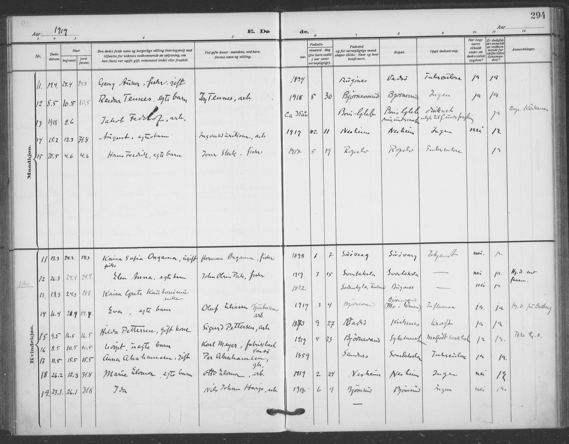 Sør-Varanger sokneprestkontor, AV/SATØ-S-1331/H/Ha/L0005kirke: Ministerialbok nr. 5, 1909-1919, s. 294