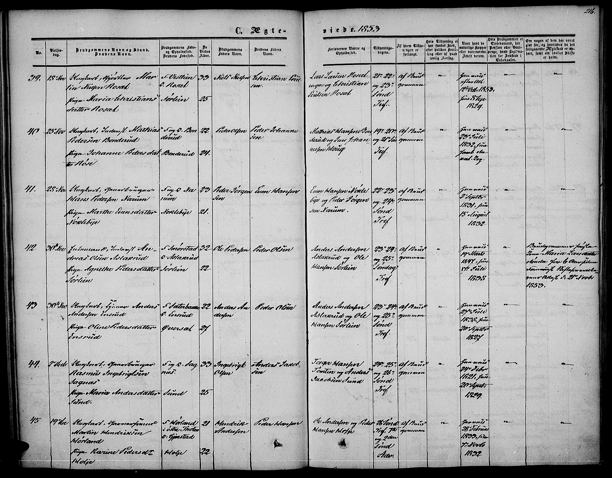 Vestre Toten prestekontor, SAH/PREST-108/H/Ha/Haa/L0005: Ministerialbok nr. 5, 1850-1855, s. 216