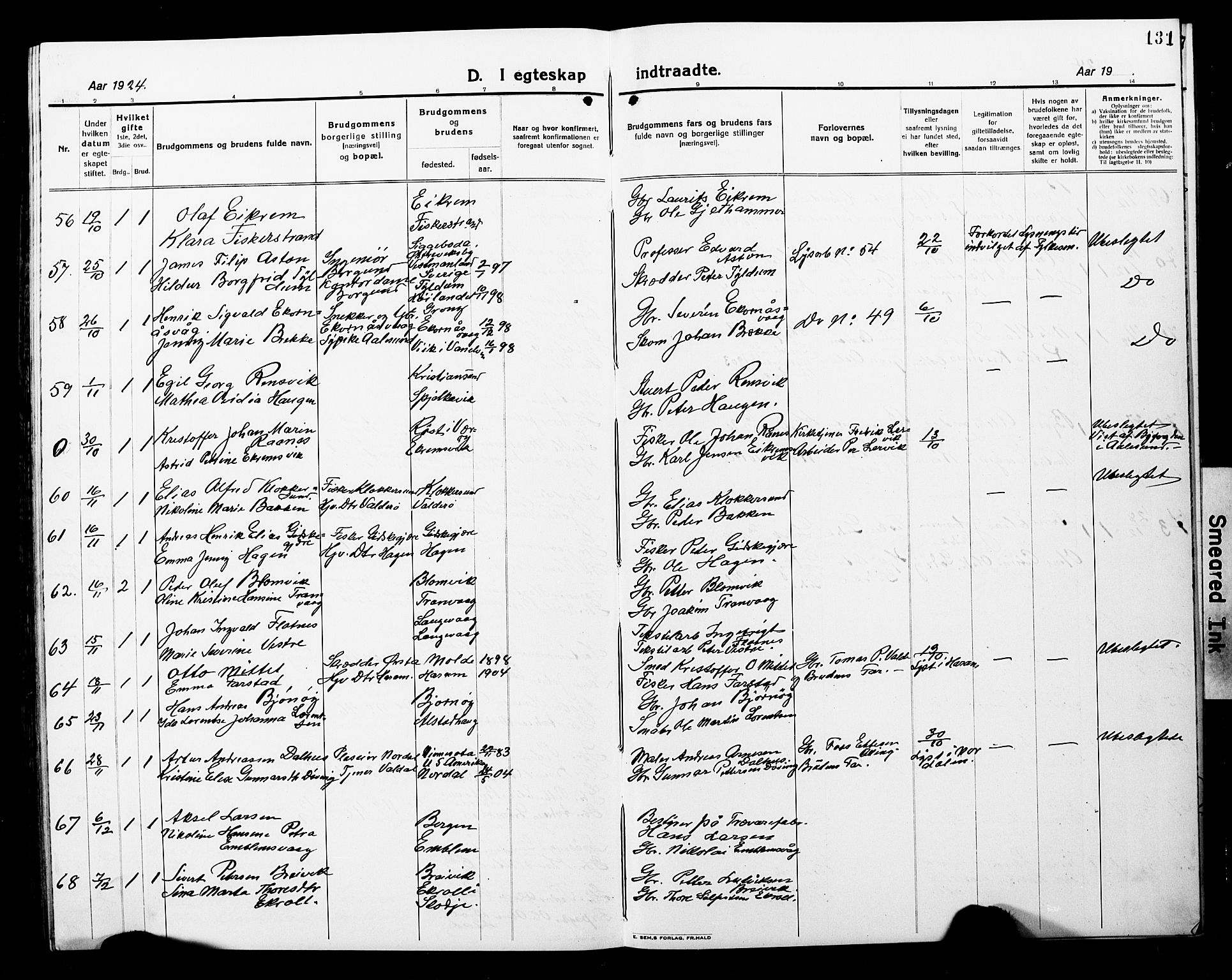 Ministerialprotokoller, klokkerbøker og fødselsregistre - Møre og Romsdal, AV/SAT-A-1454/528/L0434: Klokkerbok nr. 528C15, 1919-1927, s. 131