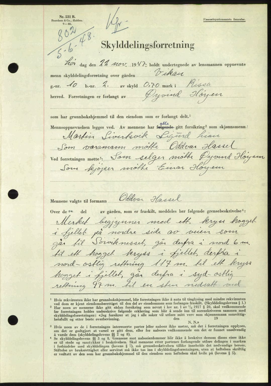 Fosen sorenskriveri, AV/SAT-A-1107/1/2/2C: Pantebok nr. A7-9, 1947-1949, Dagboknr: 802/1948