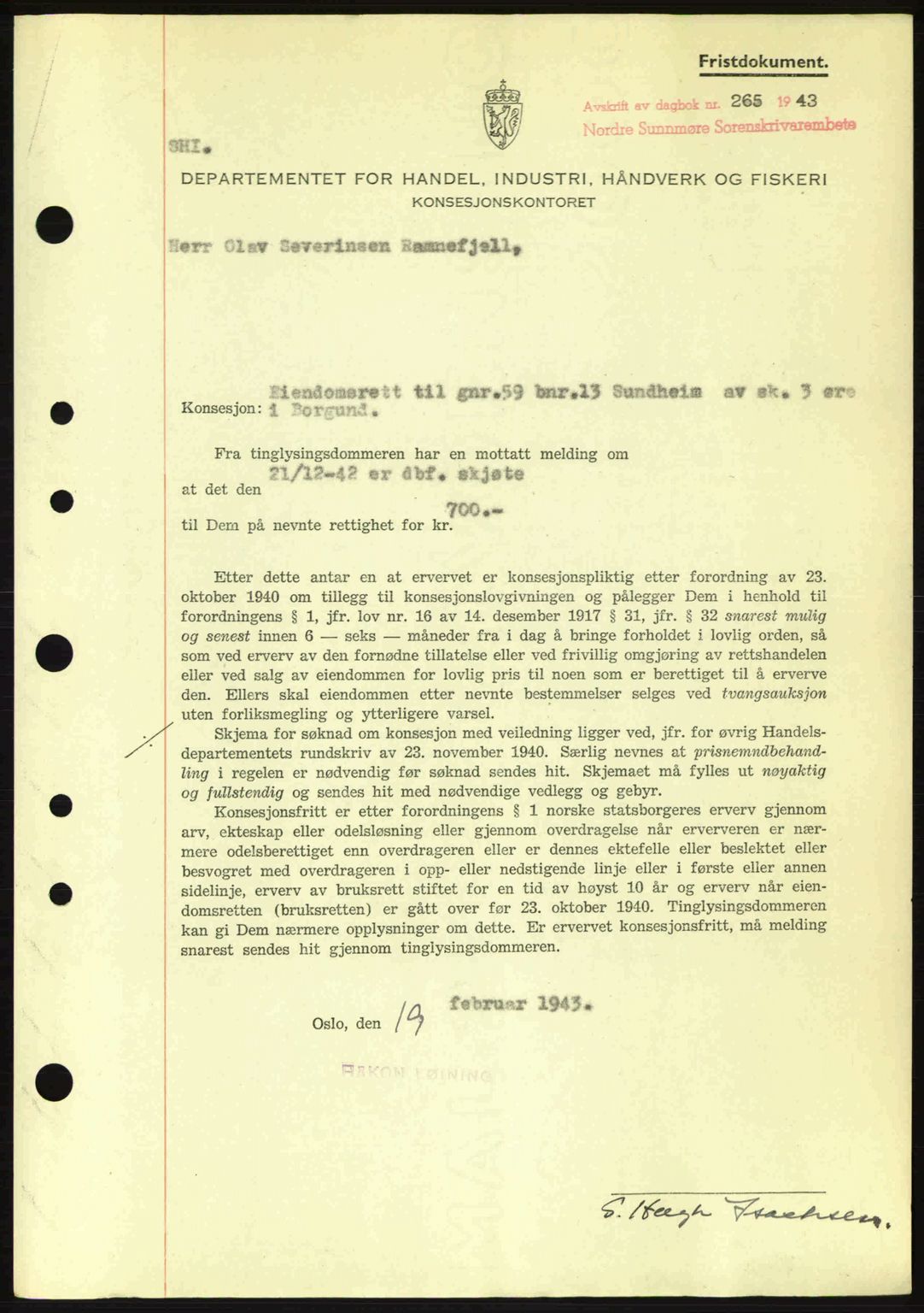 Nordre Sunnmøre sorenskriveri, AV/SAT-A-0006/1/2/2C/2Ca: Pantebok nr. B6-14 a, 1942-1945, Dagboknr: 265/1943