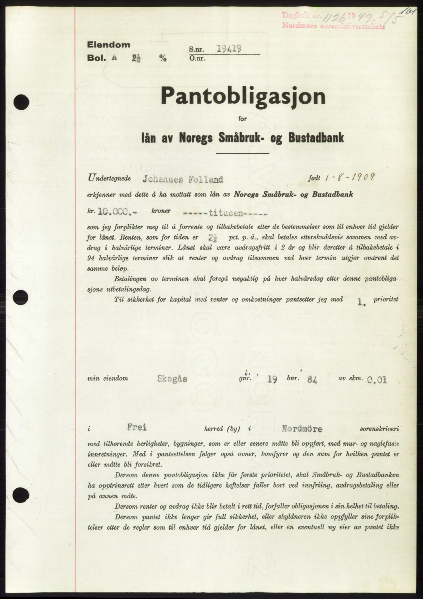 Nordmøre sorenskriveri, SAT/A-4132/1/2/2Ca: Pantebok nr. B101, 1949-1949, Dagboknr: 1126/1949