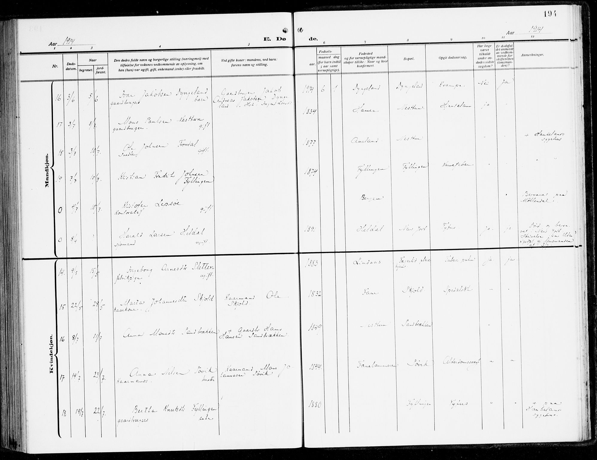 Fana Sokneprestembete, AV/SAB-A-75101/H/Haa/Haai/L0004: Ministerialbok nr. I 4, 1912-1933, s. 194
