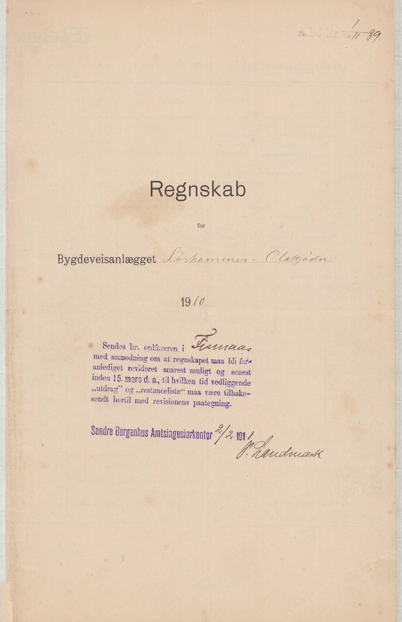 Finnaas kommune. Formannskapet, IKAH/1218a-021/E/Ea/L0001/0003: Rekneskap for veganlegg / Rekneskap for veganlegget Laurhammer - Olakjødn, 1909-1911, s. 24