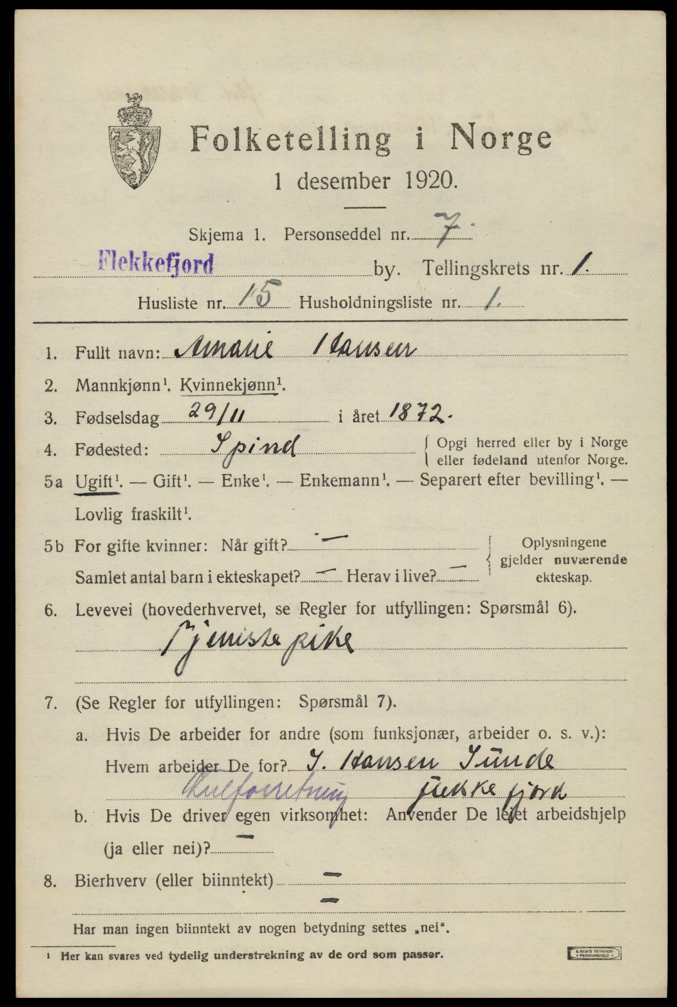 SAK, Folketelling 1920 for 1004 Flekkefjord kjøpstad, 1920, s. 2050