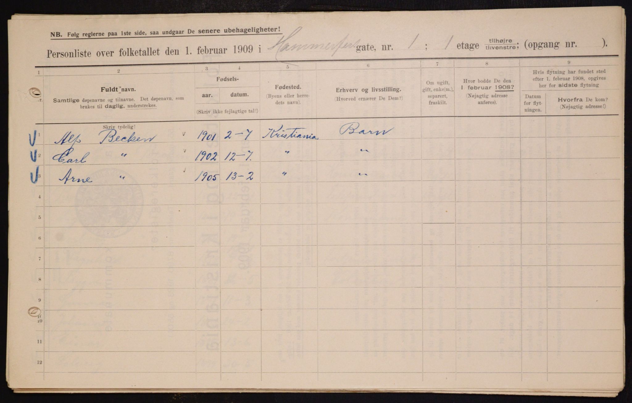 OBA, Kommunal folketelling 1.2.1909 for Kristiania kjøpstad, 1909, s. 31002