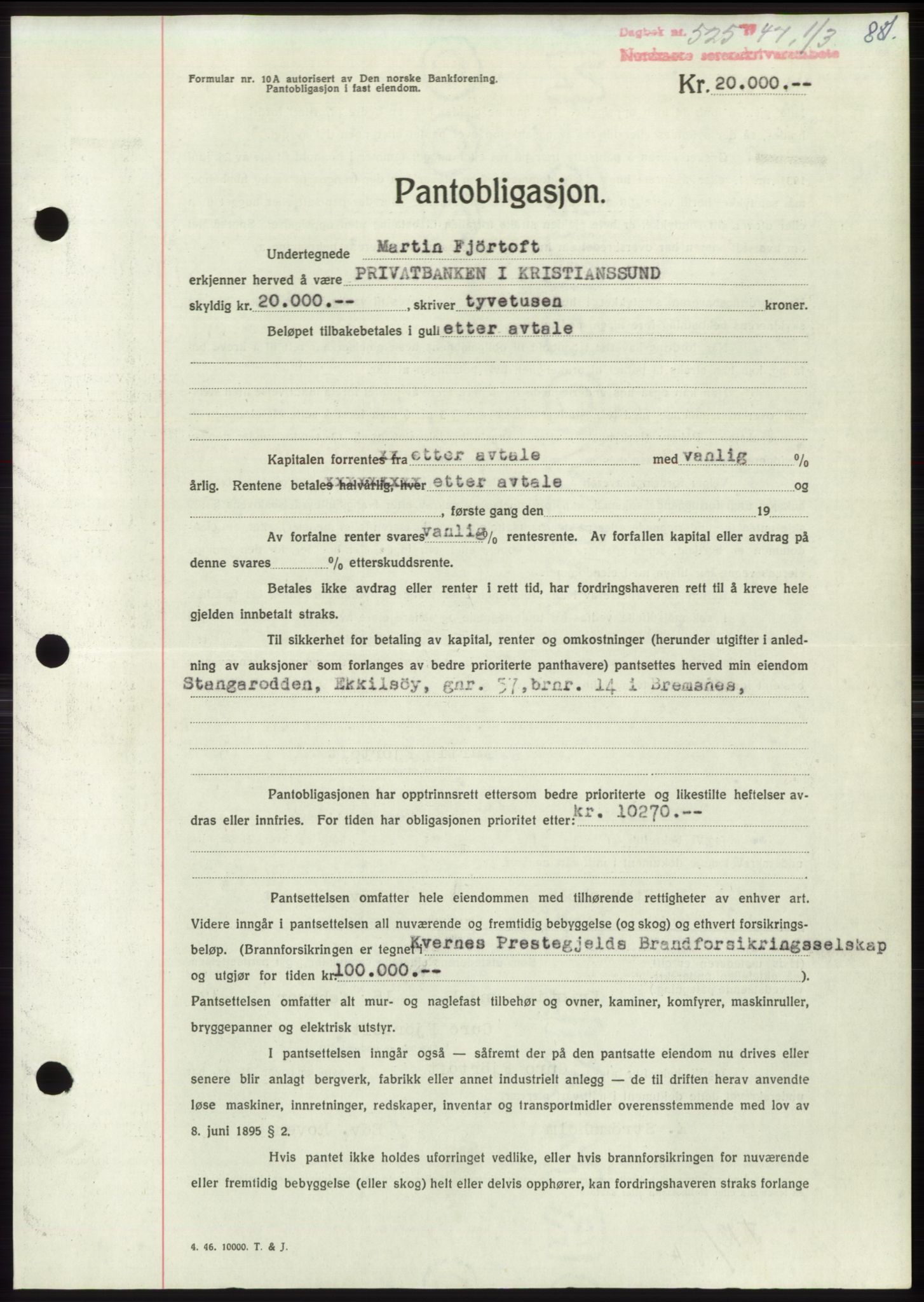 Nordmøre sorenskriveri, SAT/A-4132/1/2/2Ca: Pantebok nr. B95, 1946-1947, Dagboknr: 525/1947