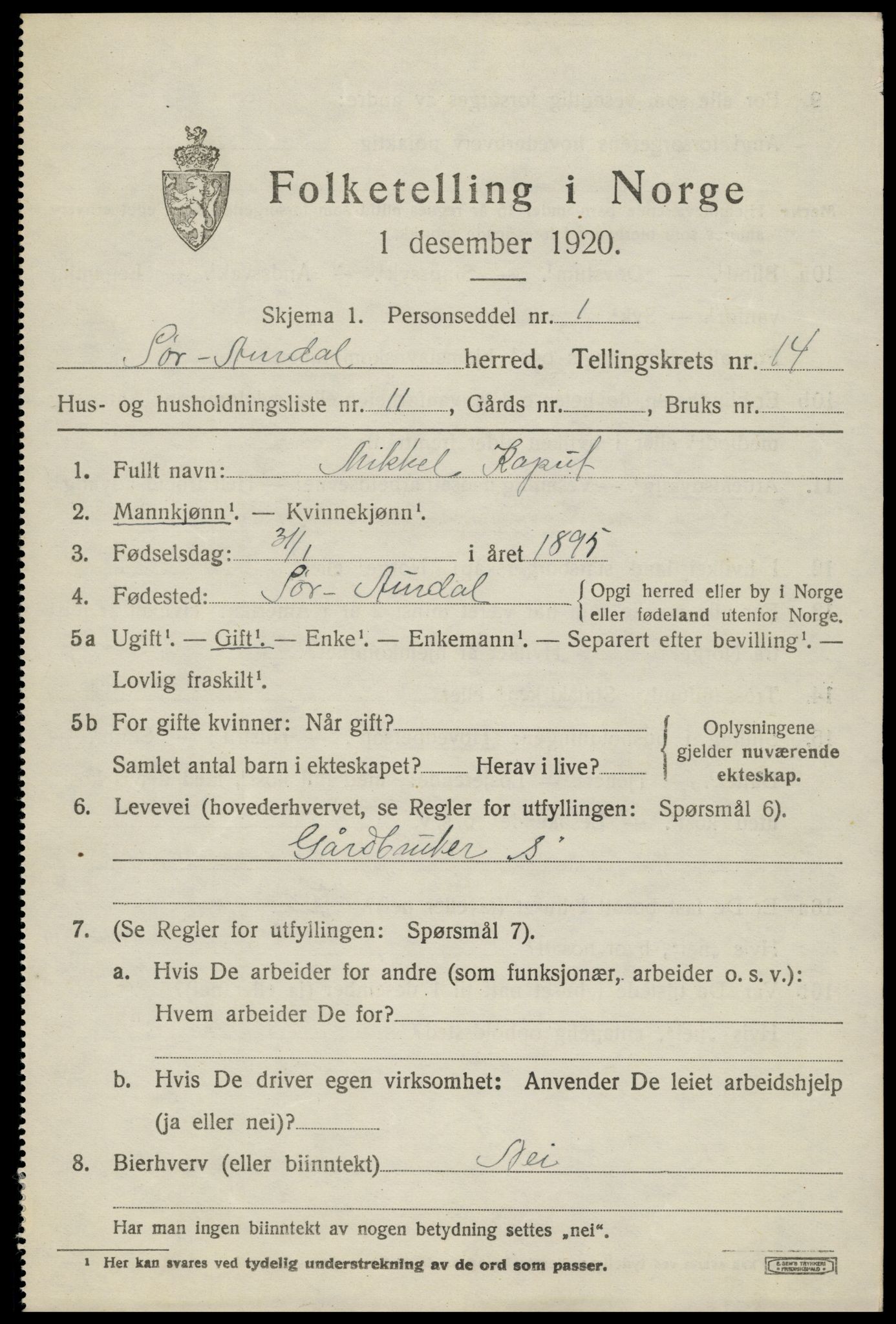 SAH, Folketelling 1920 for 0540 Sør-Aurdal herred, 1920, s. 8141