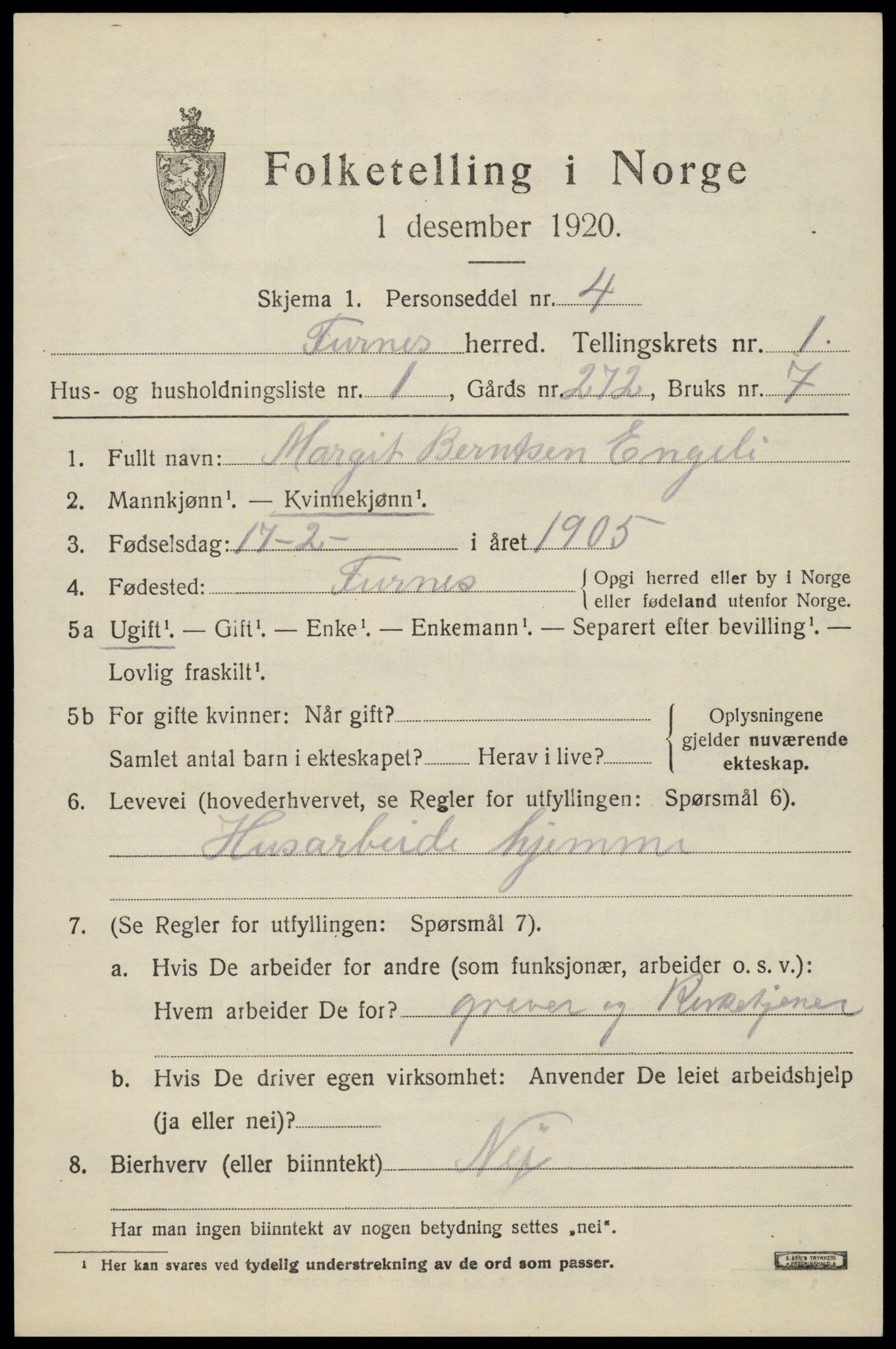 SAH, Folketelling 1920 for 0413 Furnes herred, 1920, s. 1675