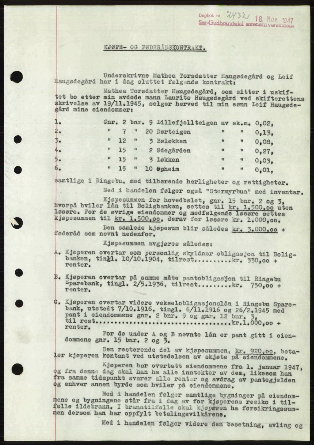 Sør-Gudbrandsdal tingrett, SAH/TING-004/H/Hb/Hbe/L0003: Pantebok nr. B3, 1943-1948, Dagboknr: 2432/1947