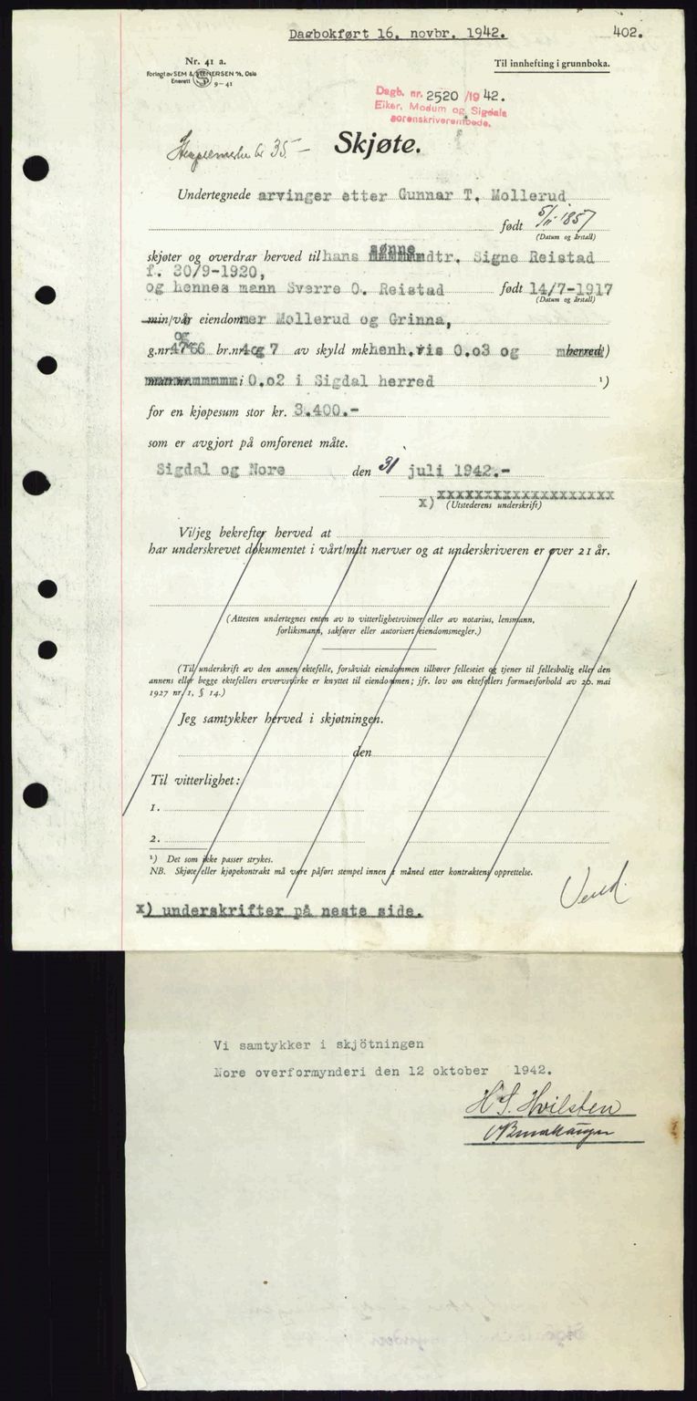 Eiker, Modum og Sigdal sorenskriveri, SAKO/A-123/G/Ga/Gab/L0047: Pantebok nr. A17, 1942-1943, Dagboknr: 2520/1942