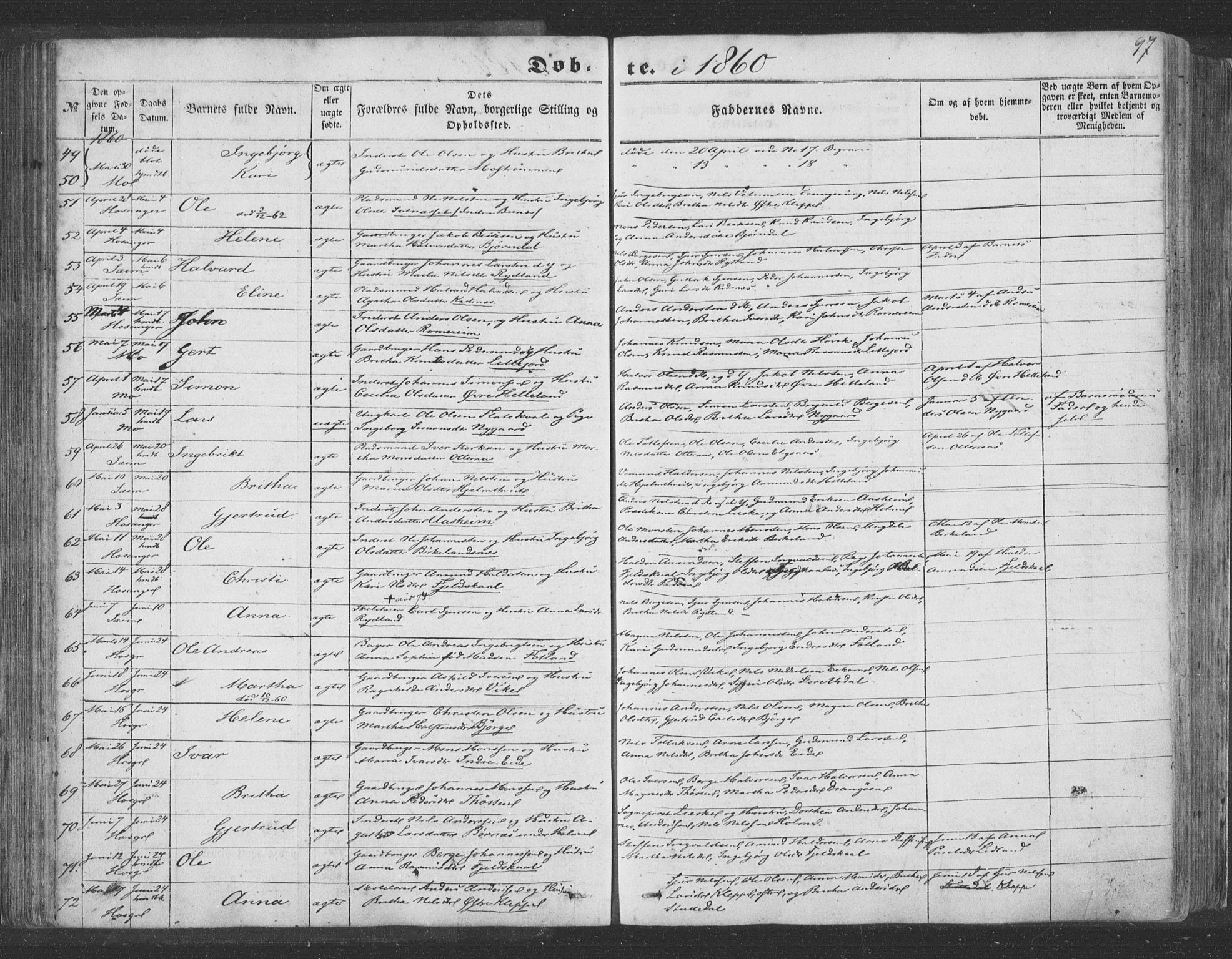 Hosanger sokneprestembete, AV/SAB-A-75801/H/Haa: Ministerialbok nr. A 8, 1849-1863, s. 97