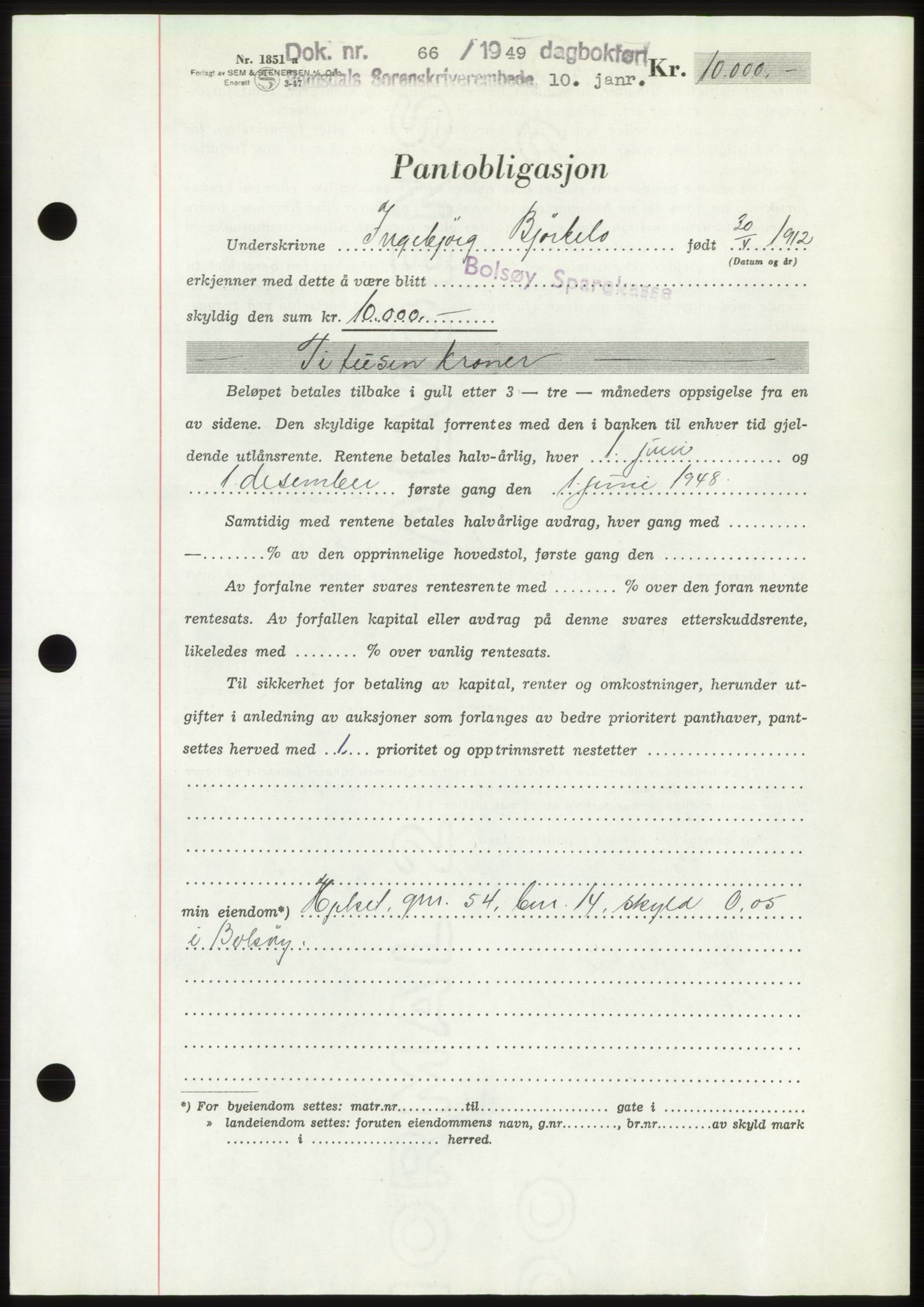 Romsdal sorenskriveri, SAT/A-4149/1/2/2C: Pantebok nr. B4, 1948-1949, Dagboknr: 66/1949