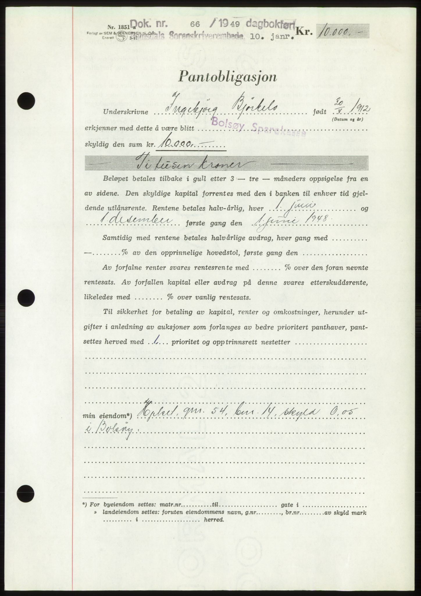 Romsdal sorenskriveri, AV/SAT-A-4149/1/2/2C: Pantebok nr. B4, 1948-1949, Dagboknr: 66/1949