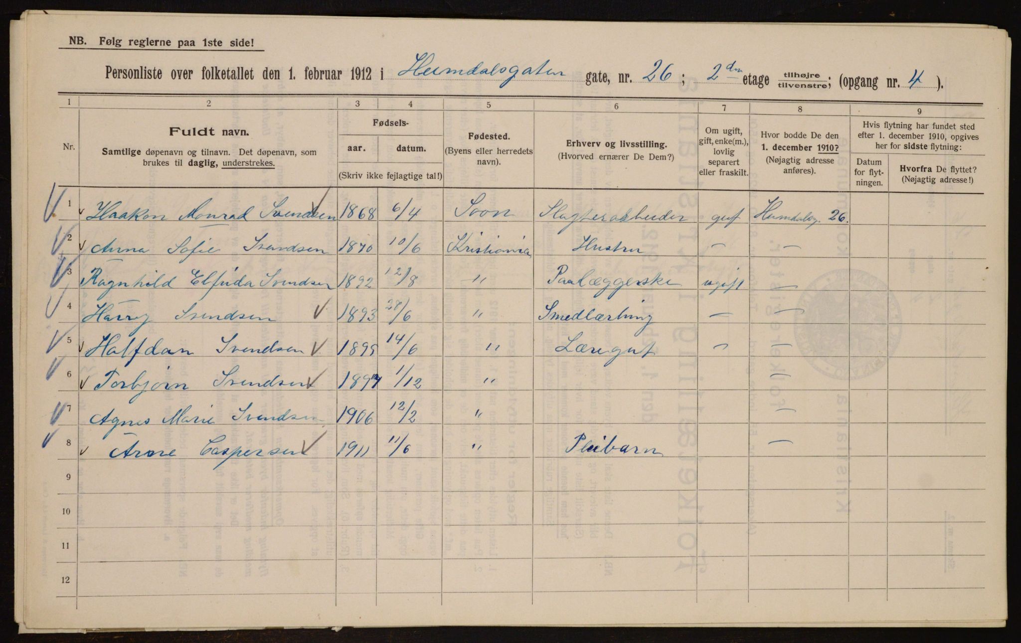 OBA, Kommunal folketelling 1.2.1912 for Kristiania, 1912, s. 37172