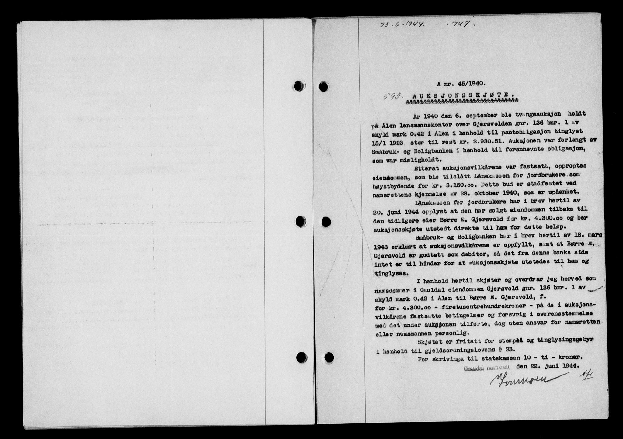 Gauldal sorenskriveri, SAT/A-0014/1/2/2C/L0057: Pantebok nr. 62, 1943-1944, Dagboknr: 593/1944