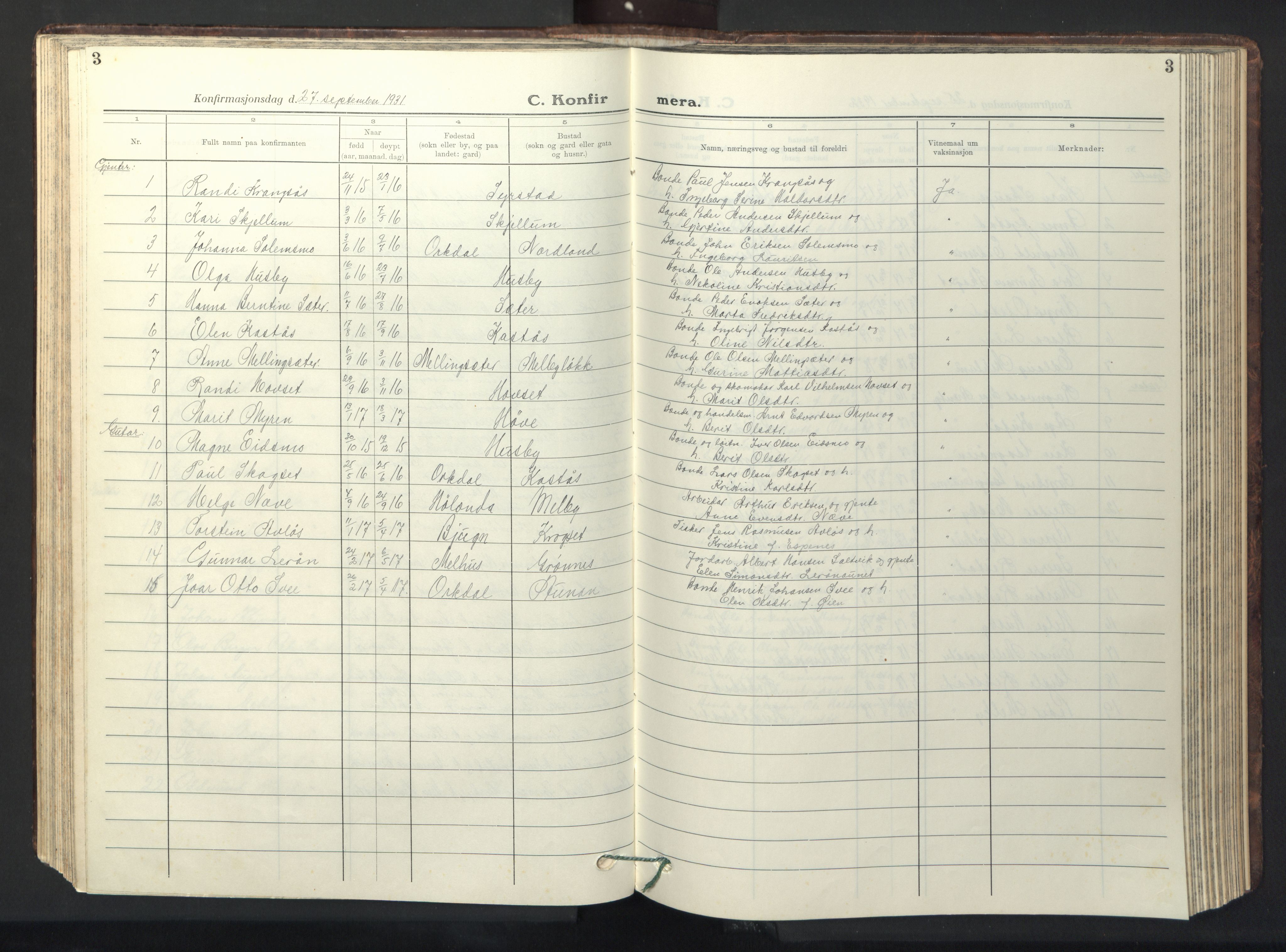 Ministerialprotokoller, klokkerbøker og fødselsregistre - Sør-Trøndelag, AV/SAT-A-1456/667/L0799: Klokkerbok nr. 667C04, 1929-1950, s. 3