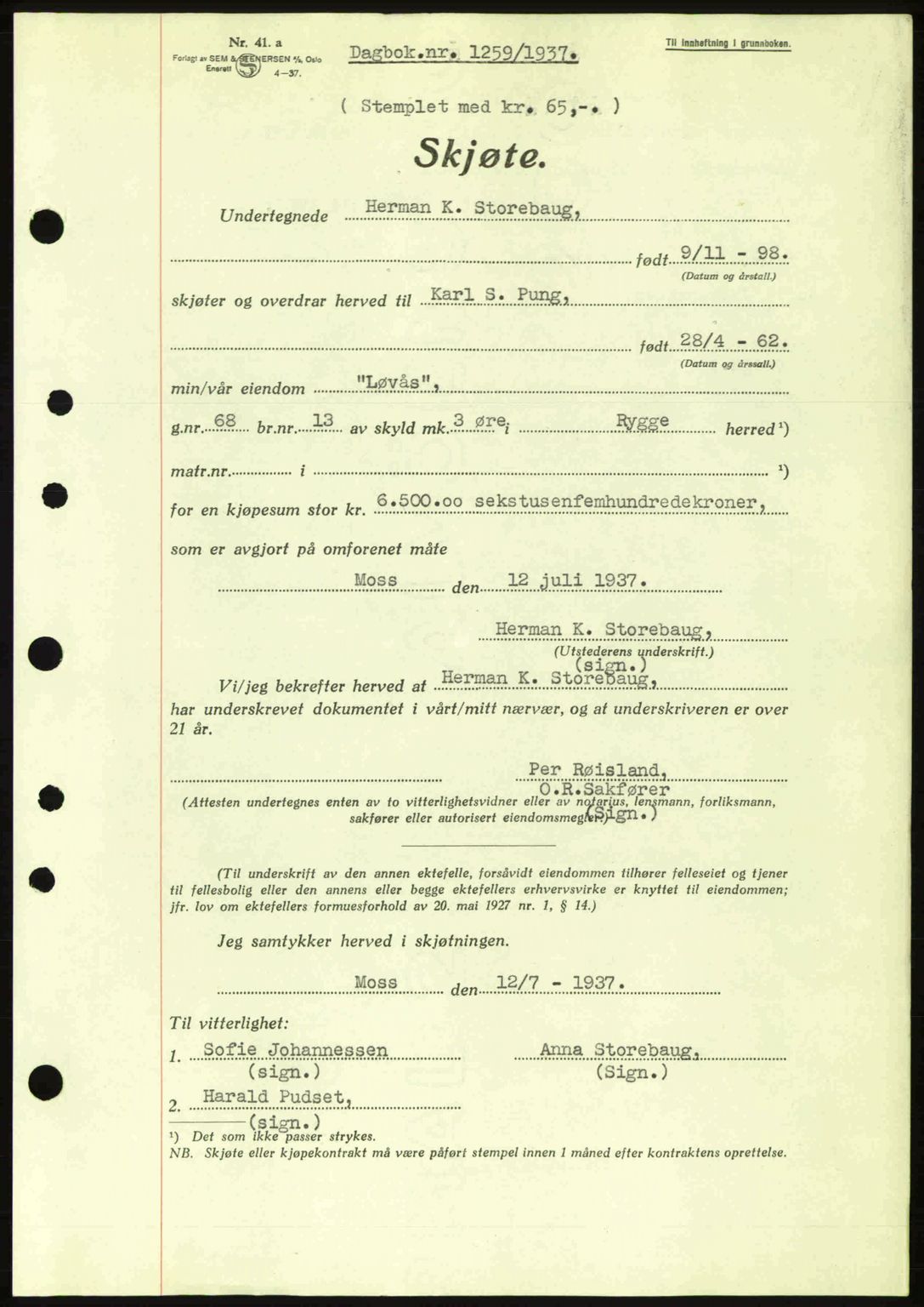 Moss sorenskriveri, SAO/A-10168: Pantebok nr. A3, 1937-1938, Dagboknr: 1259/1937