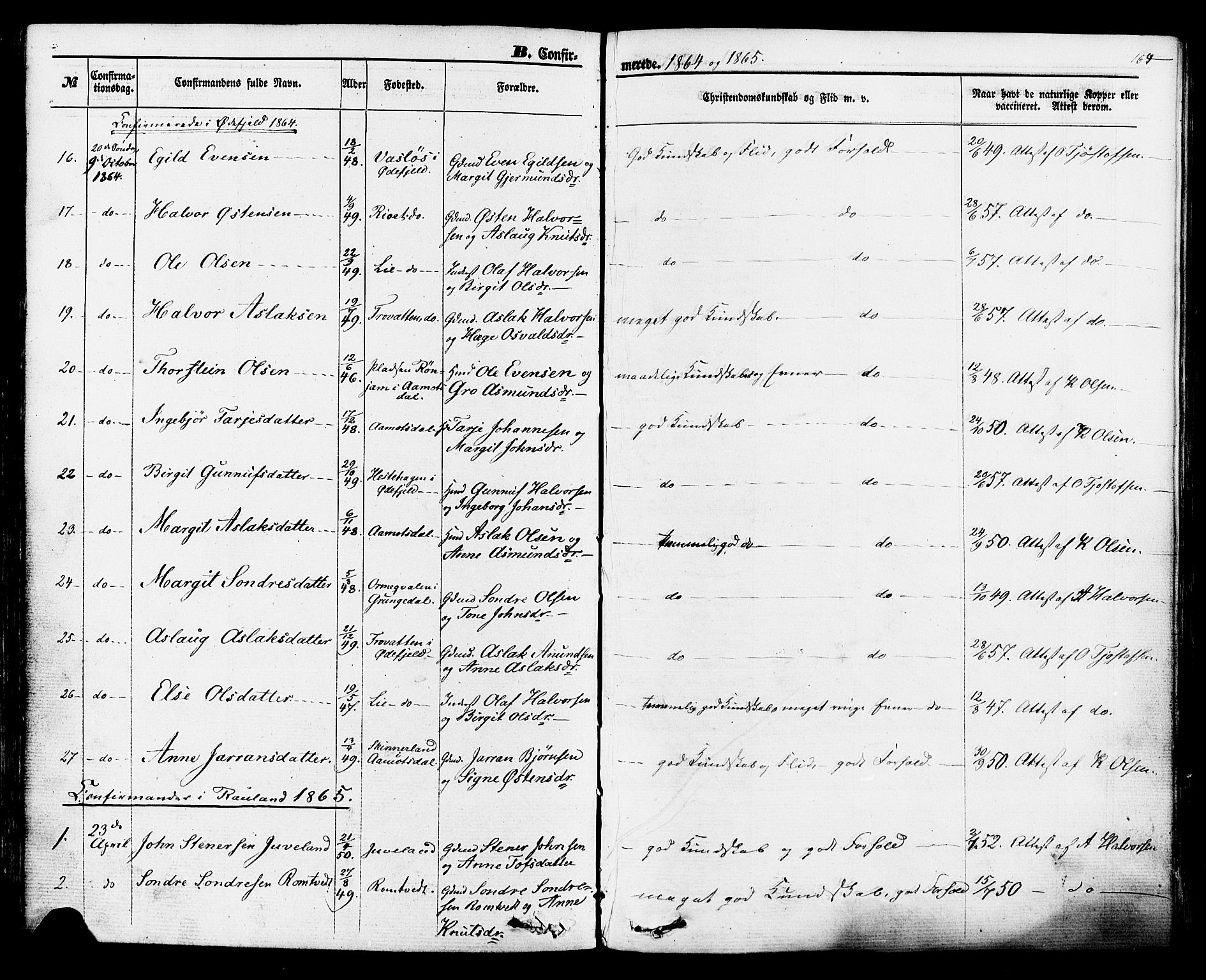 Rauland kirkebøker, AV/SAKO-A-292/F/Fa/L0003: Ministerialbok nr. I 3, 1859-1886, s. 164
